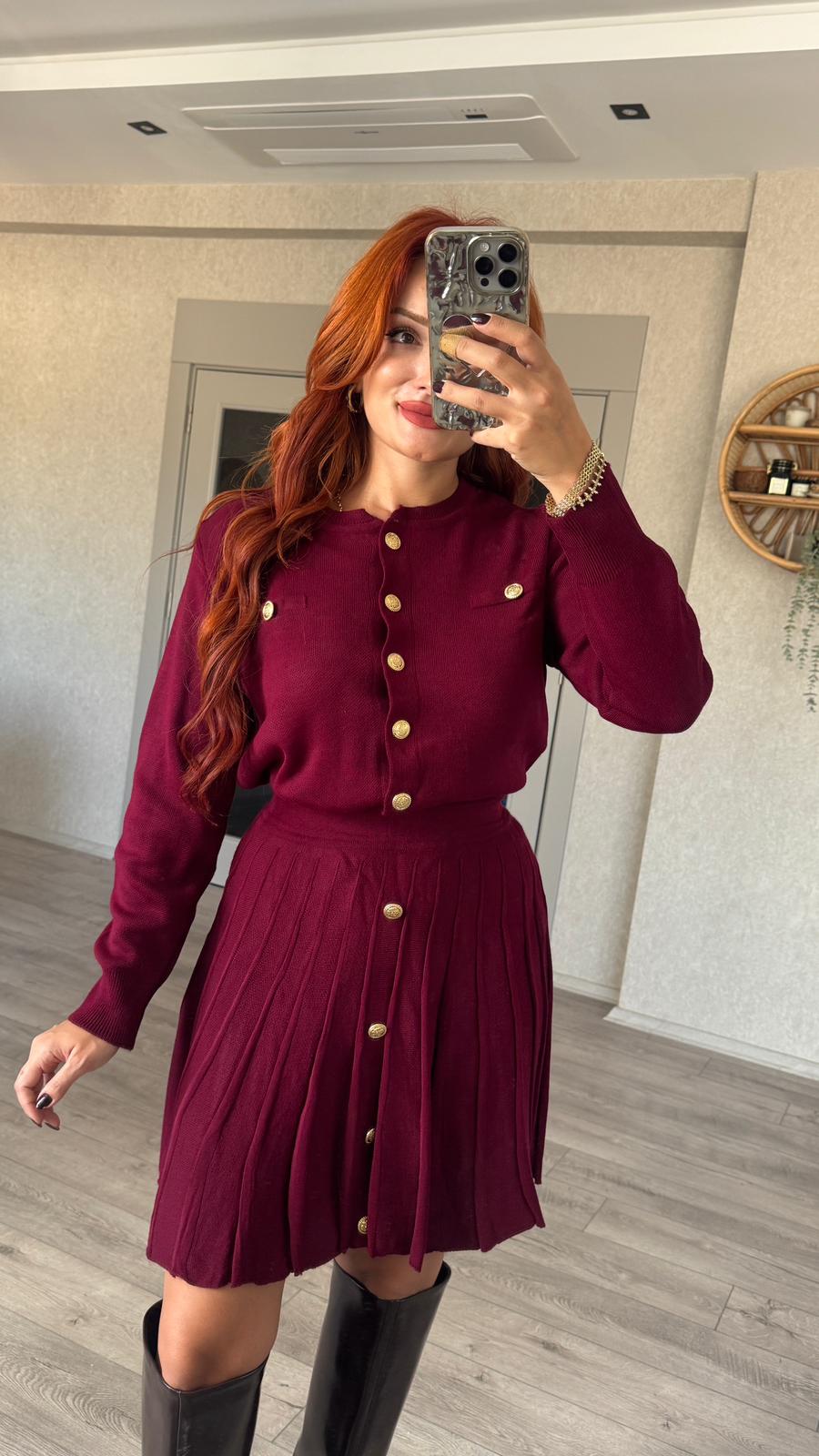 Gold Düğmeli Triko Etekli Takım - BORDO