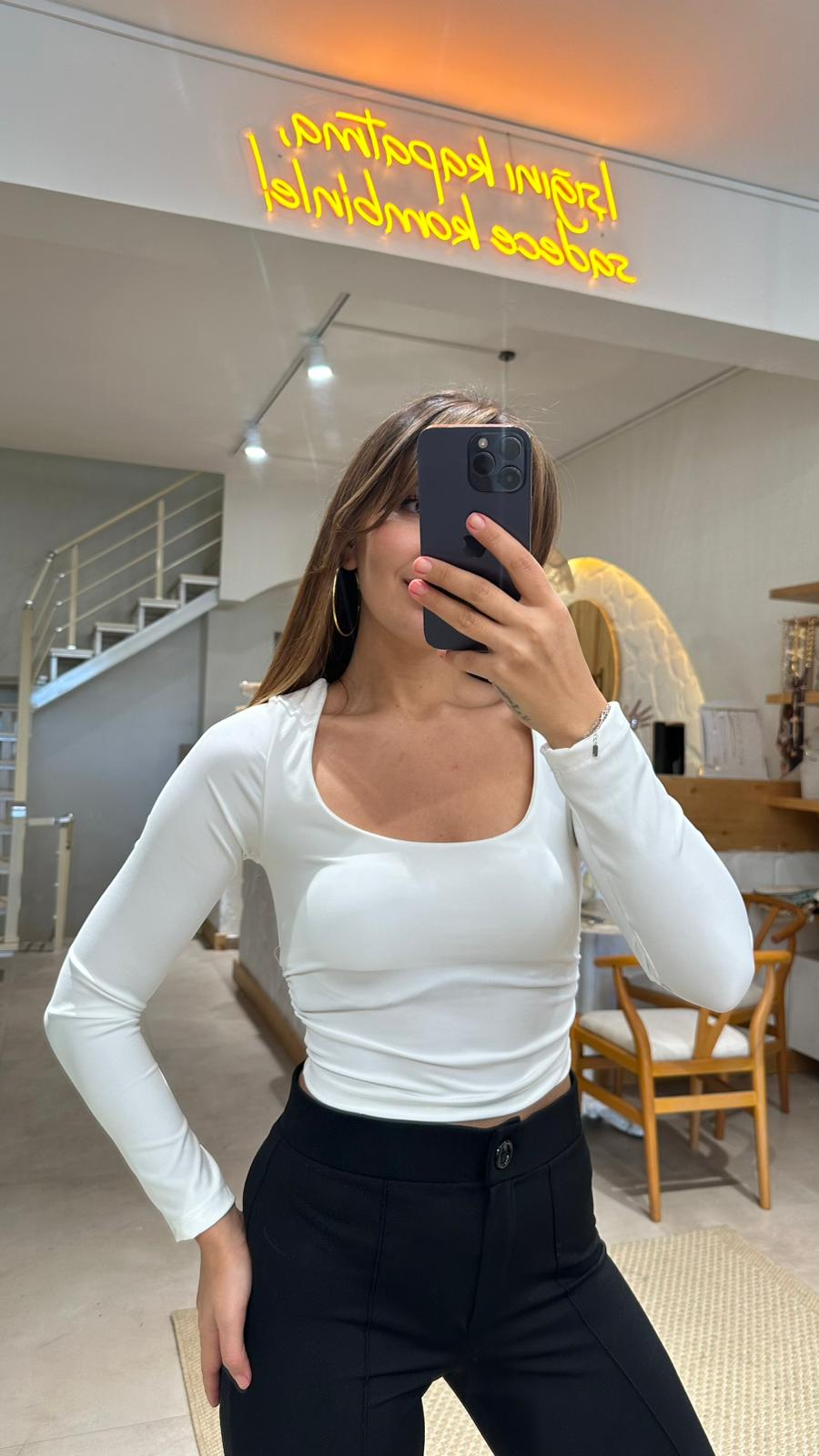 Kare Yaka Bluz  - Beyaz