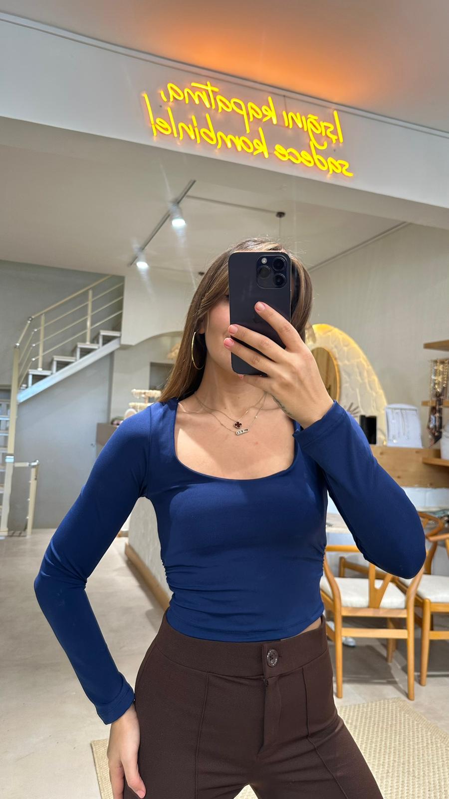 Kare Yaka Bluz  - Lacivert