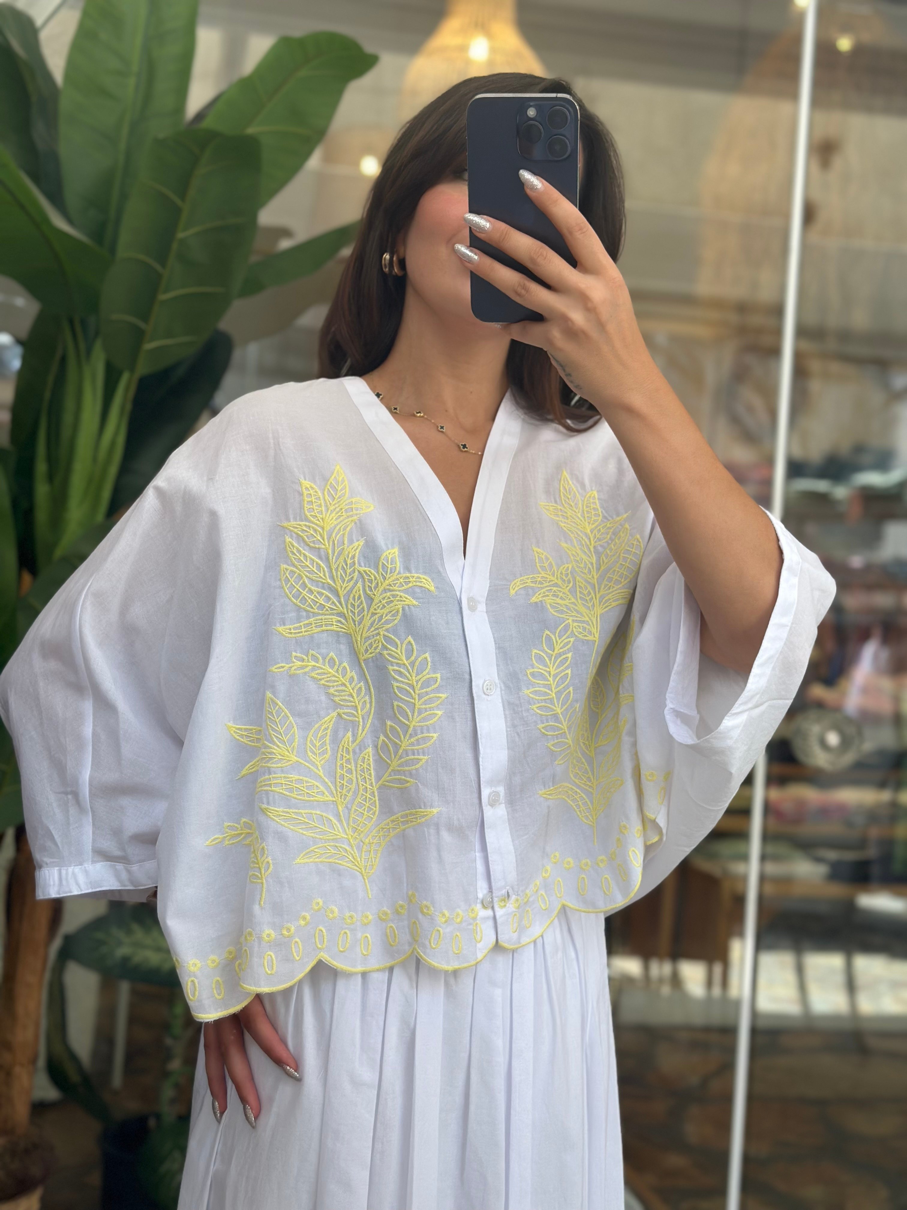 Bakış işlemeli kimono etek takım  - Sarı