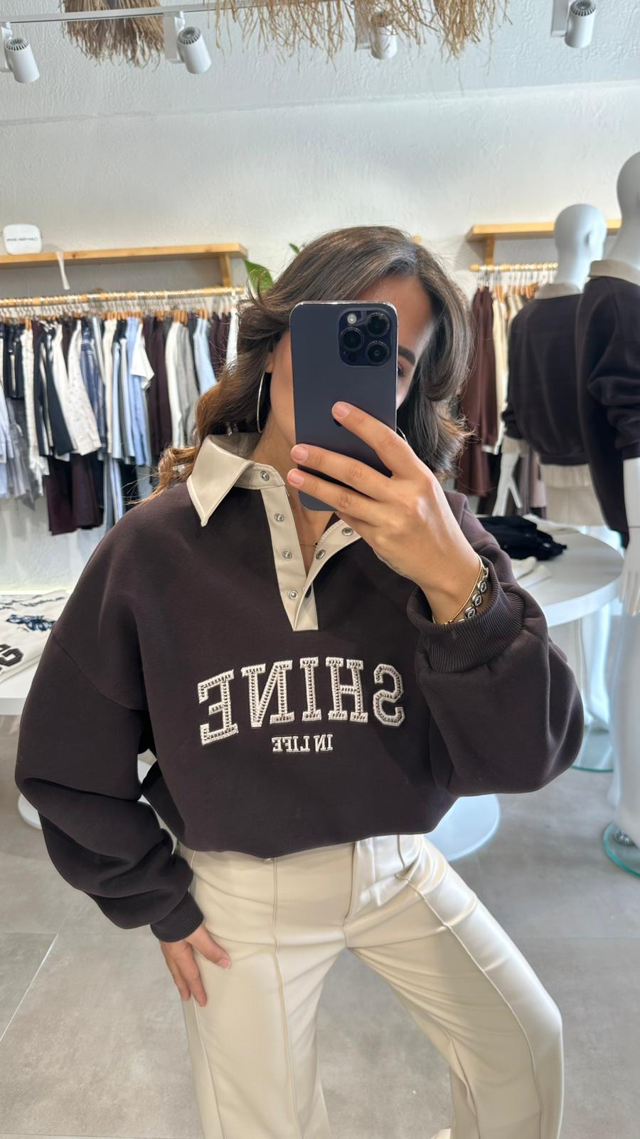 Yakası Deri Detay Oversize Sweat