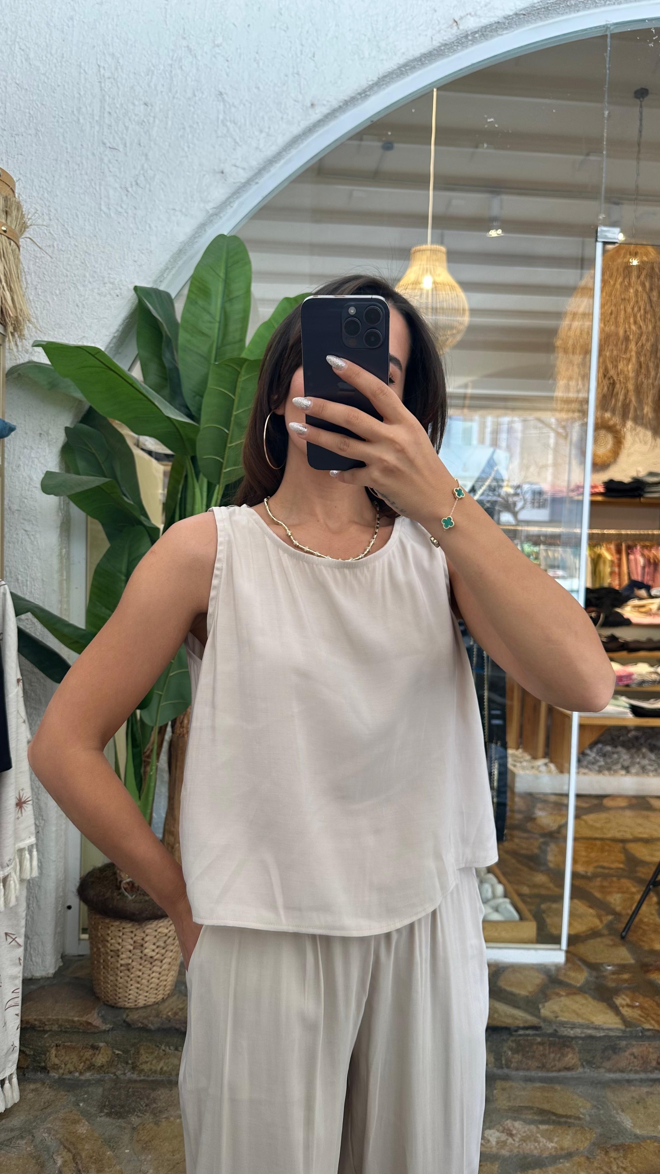 Tensel Kumaş Askılı Bluz Pantolon Takım