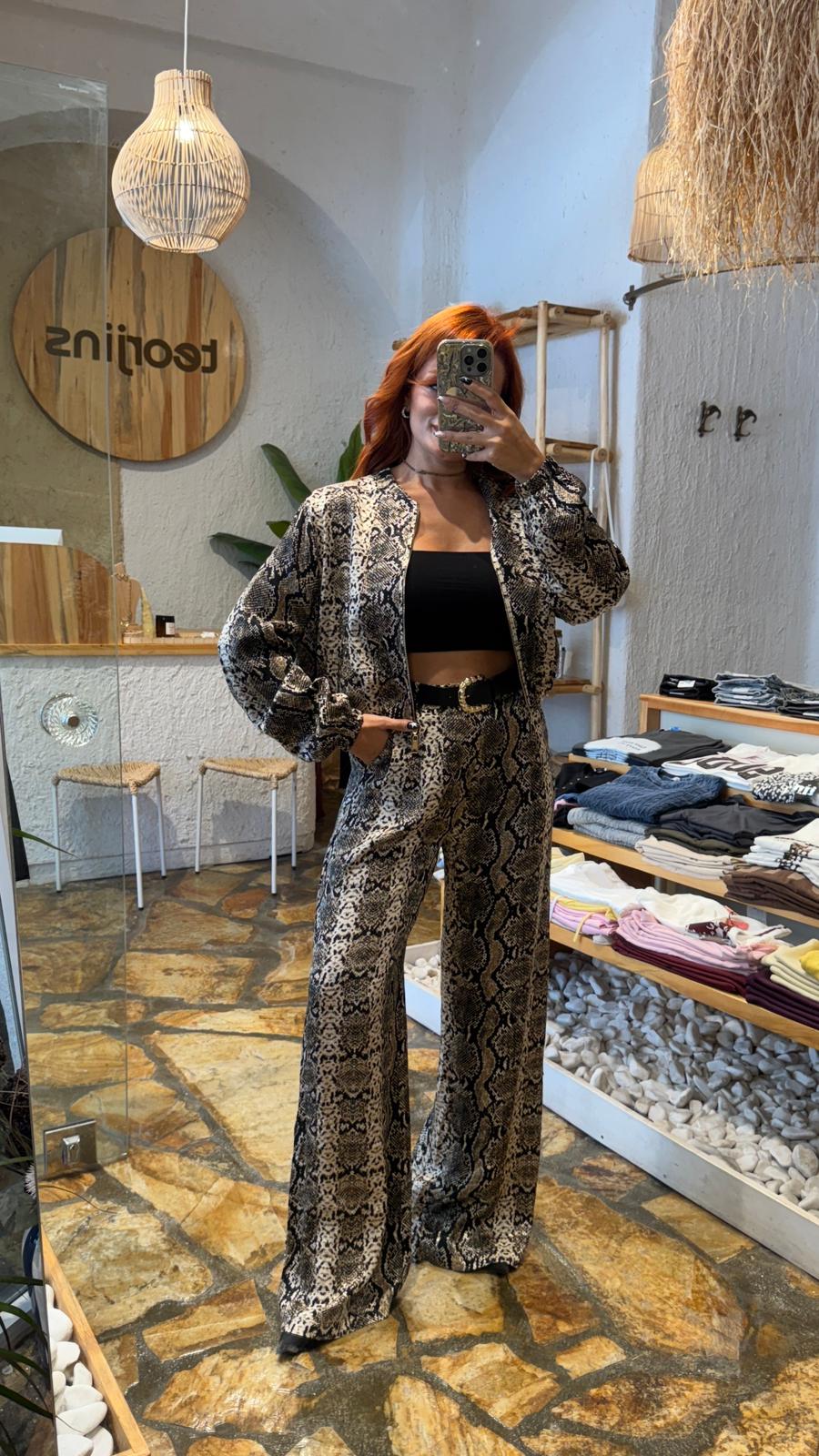 Leopar Desen Saten Kemerli Pantolon 