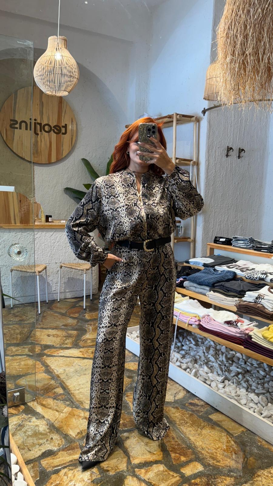 Leopar Desen Saten Kemerli Pantolon 