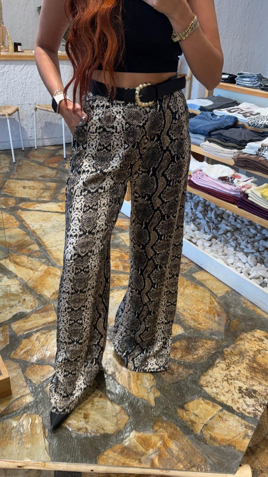 Leopar Desen Saten Kemerli Pantolon 