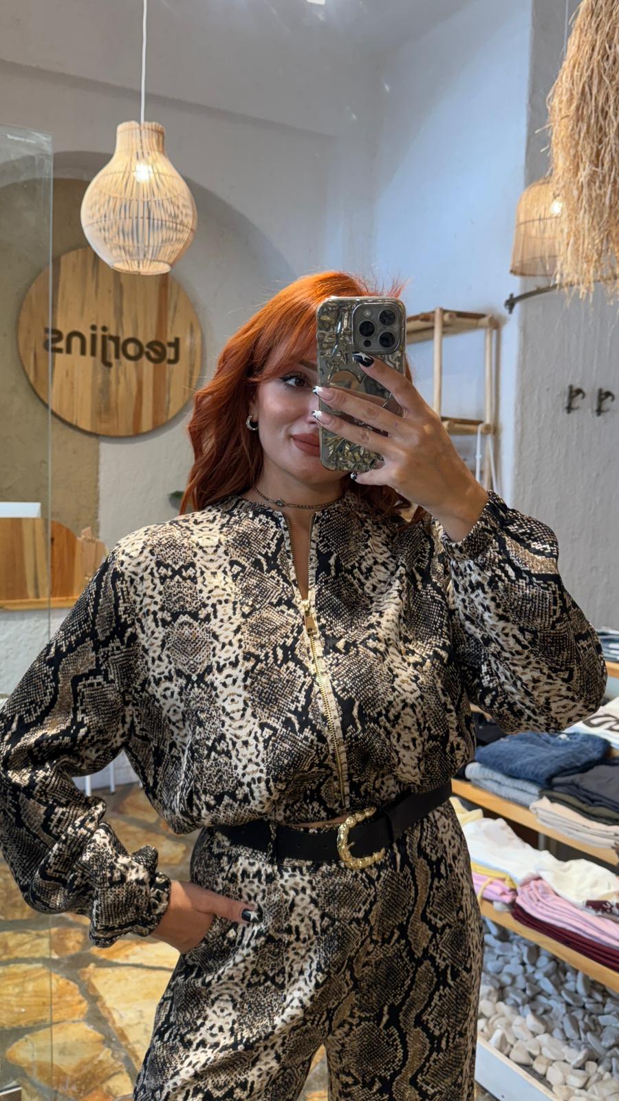 Leopar Desen Saten Ceket
