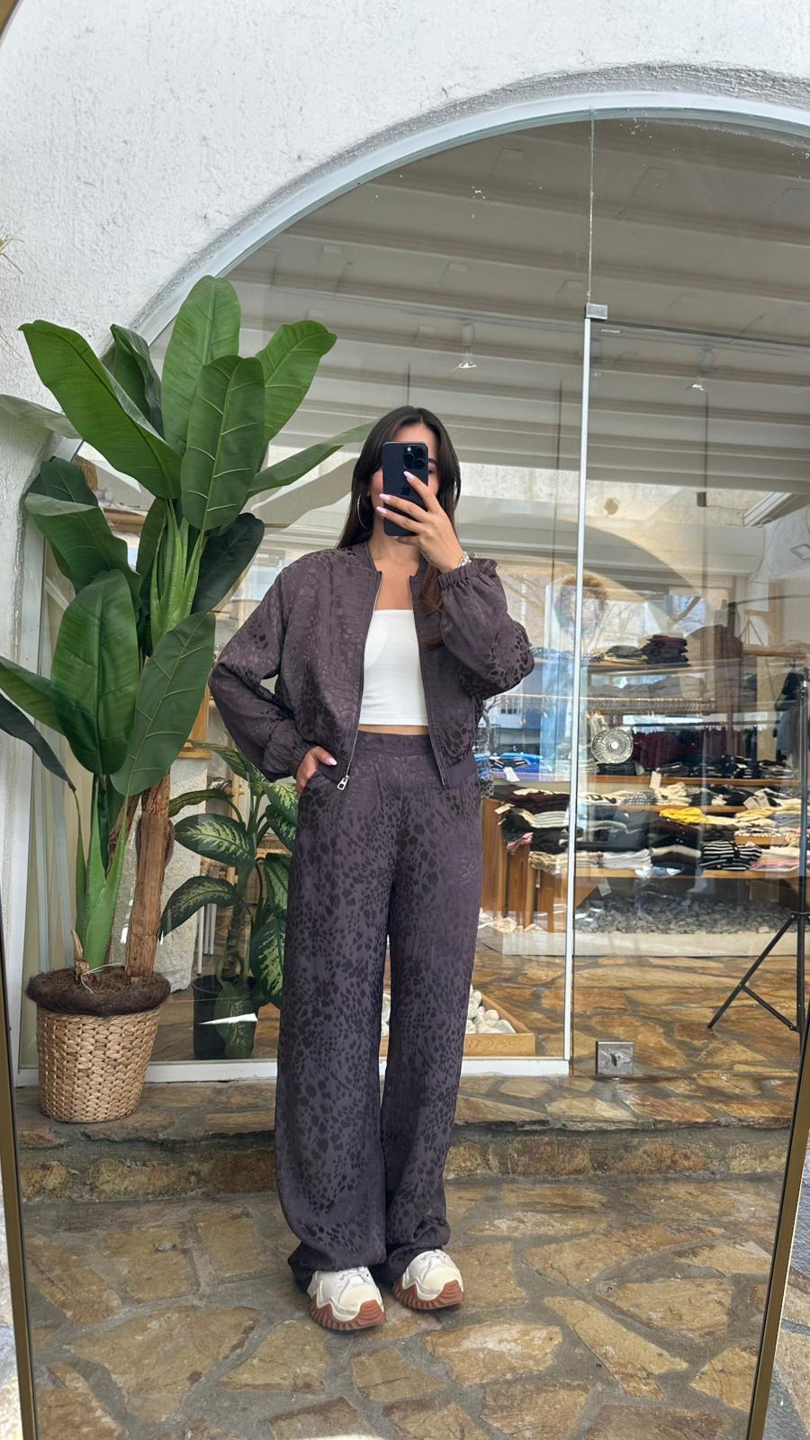 Leopar Saten Ceket Pantolon Takım