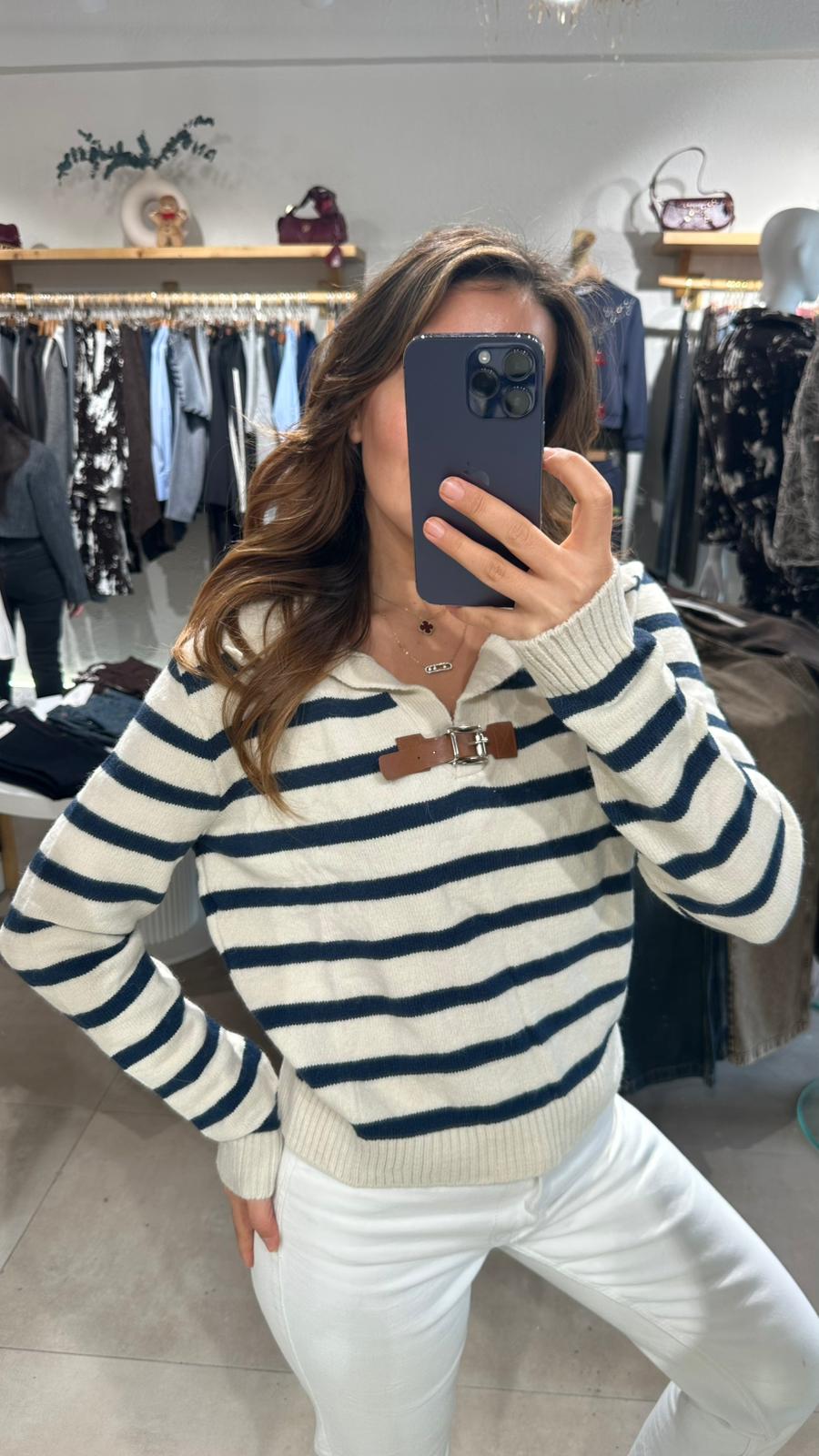 Çizgili Kemerli Triko - lacivert