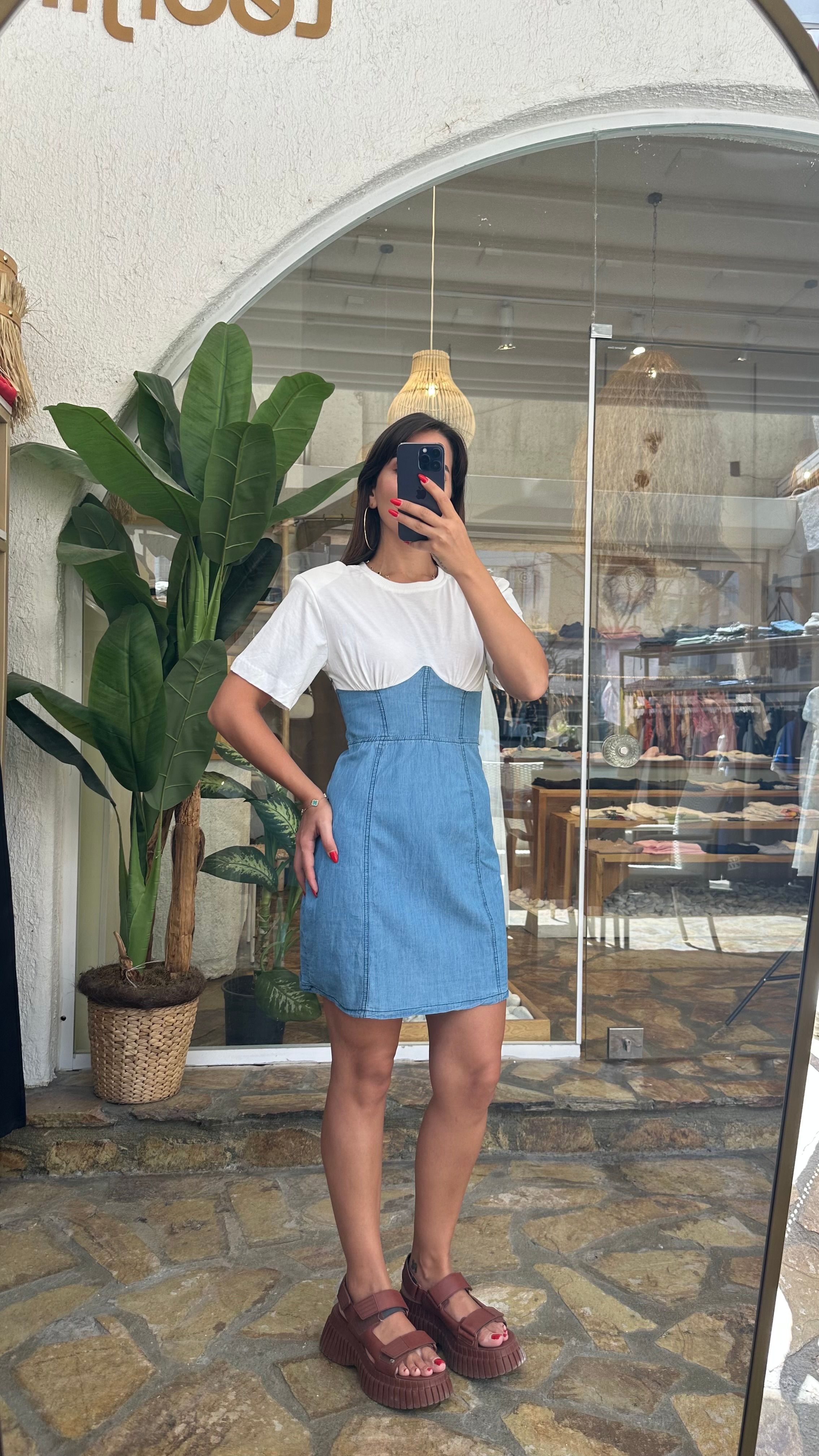 2 parça denim detay elbise 