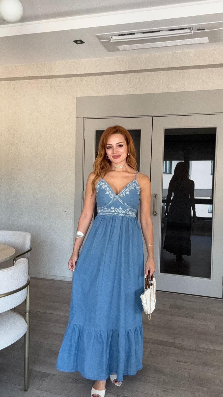 Denim İp Askılı Elbise