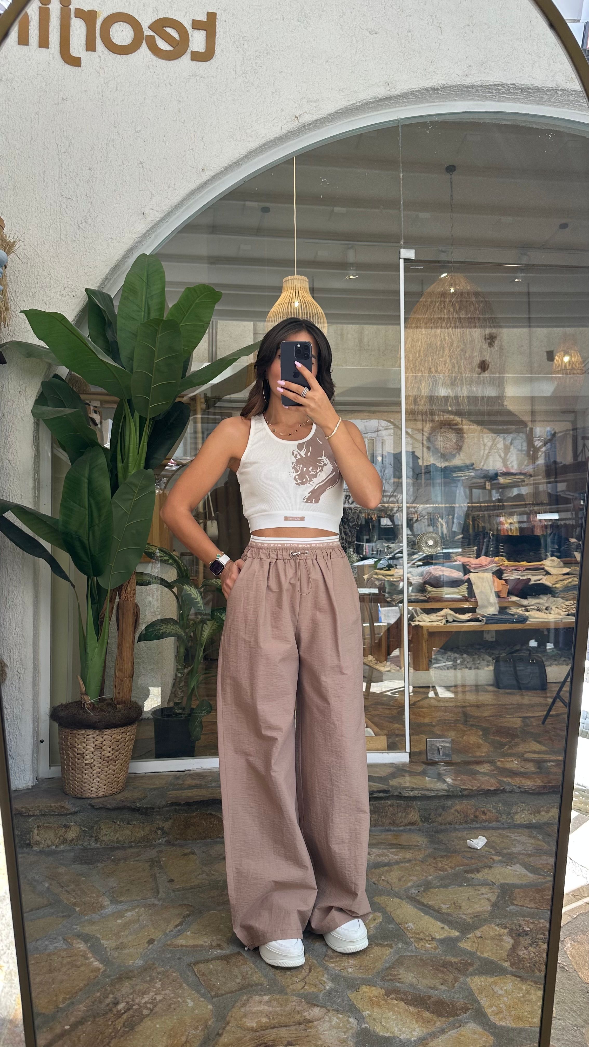 Beli lastik detay paraşüt pantolon - Camel