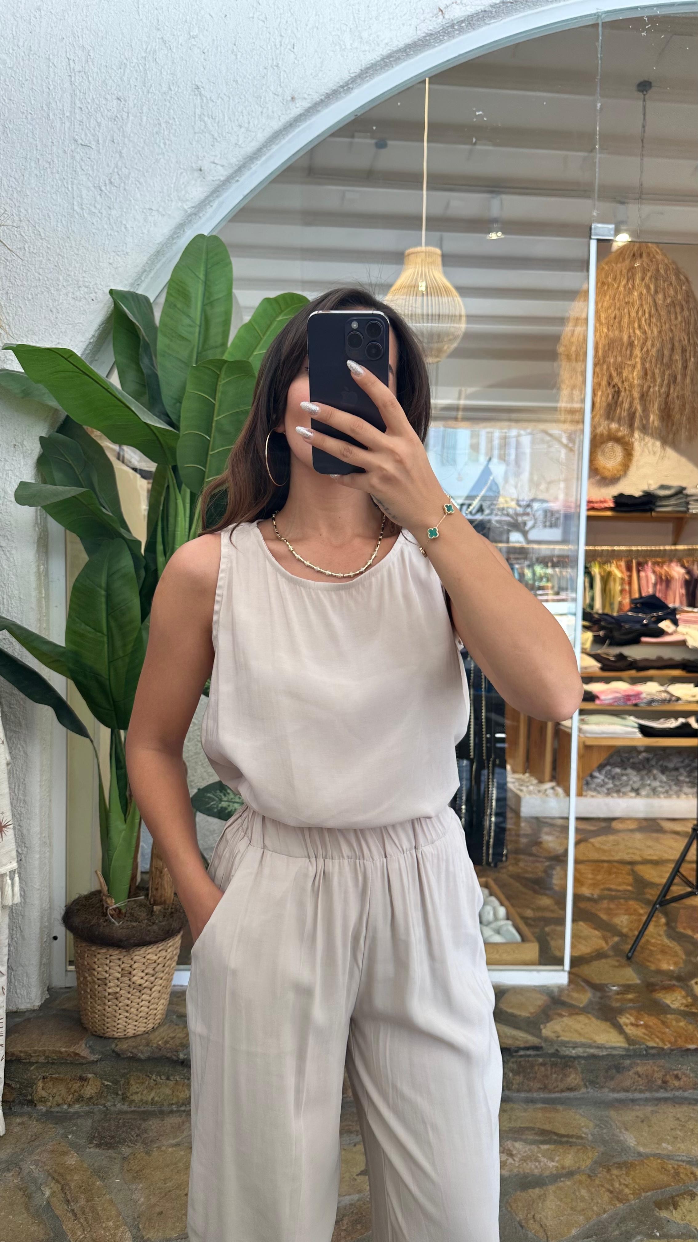 Tensel Kumaş Askılı Bluz Pantolon Takım