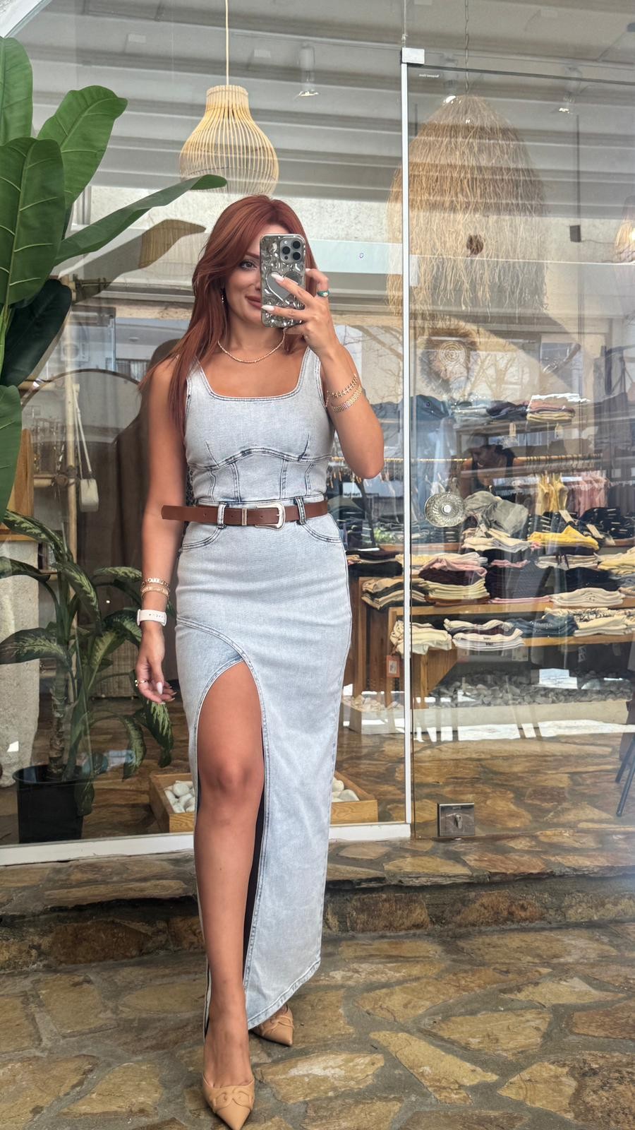 Asimetrik Etek Likralı Kemerli Denim Elbise