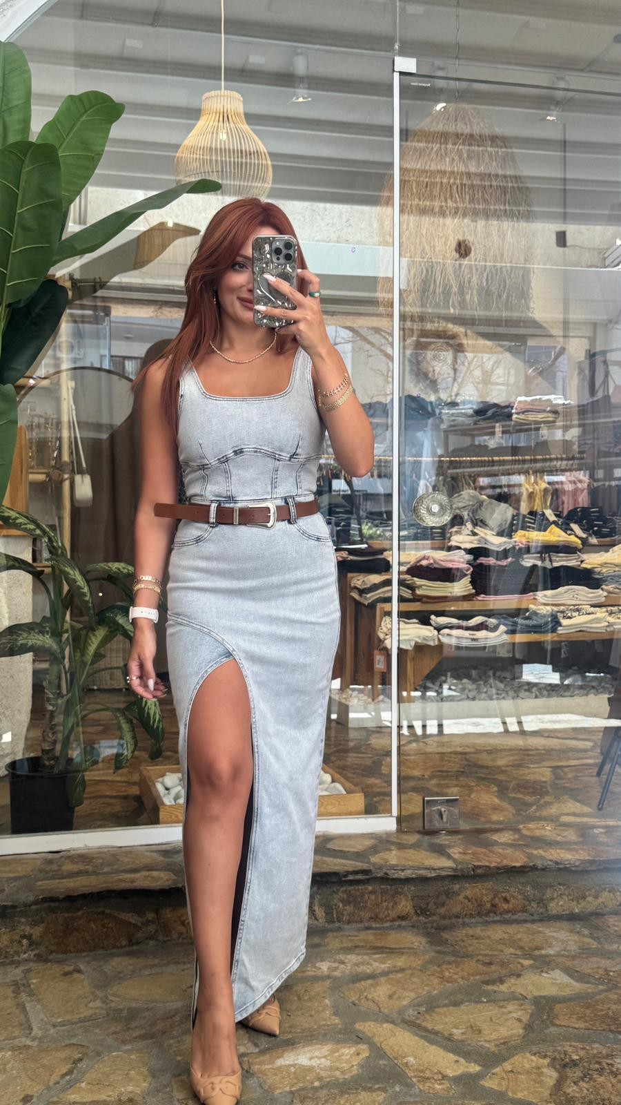 Asimetrik Etek Likralı Kemerli Denim Elbise - mavi
