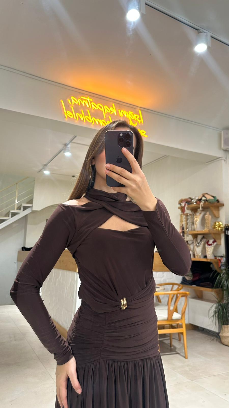 Tokalı Bluz - kahverengi