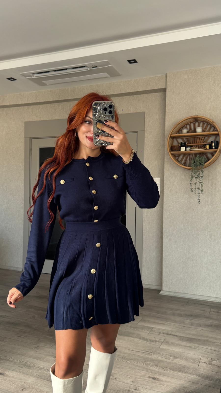 Gold Düğmeli Triko Etekli Takım - lacivert