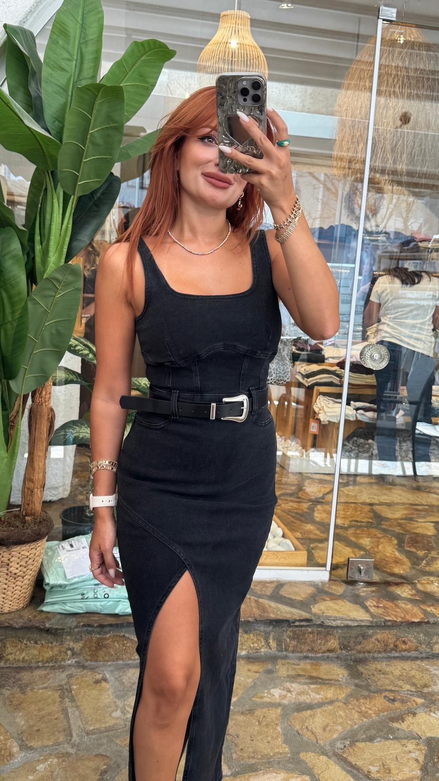 Asimetrik Etek Likralı Kemerli Denim Elbise - siyah