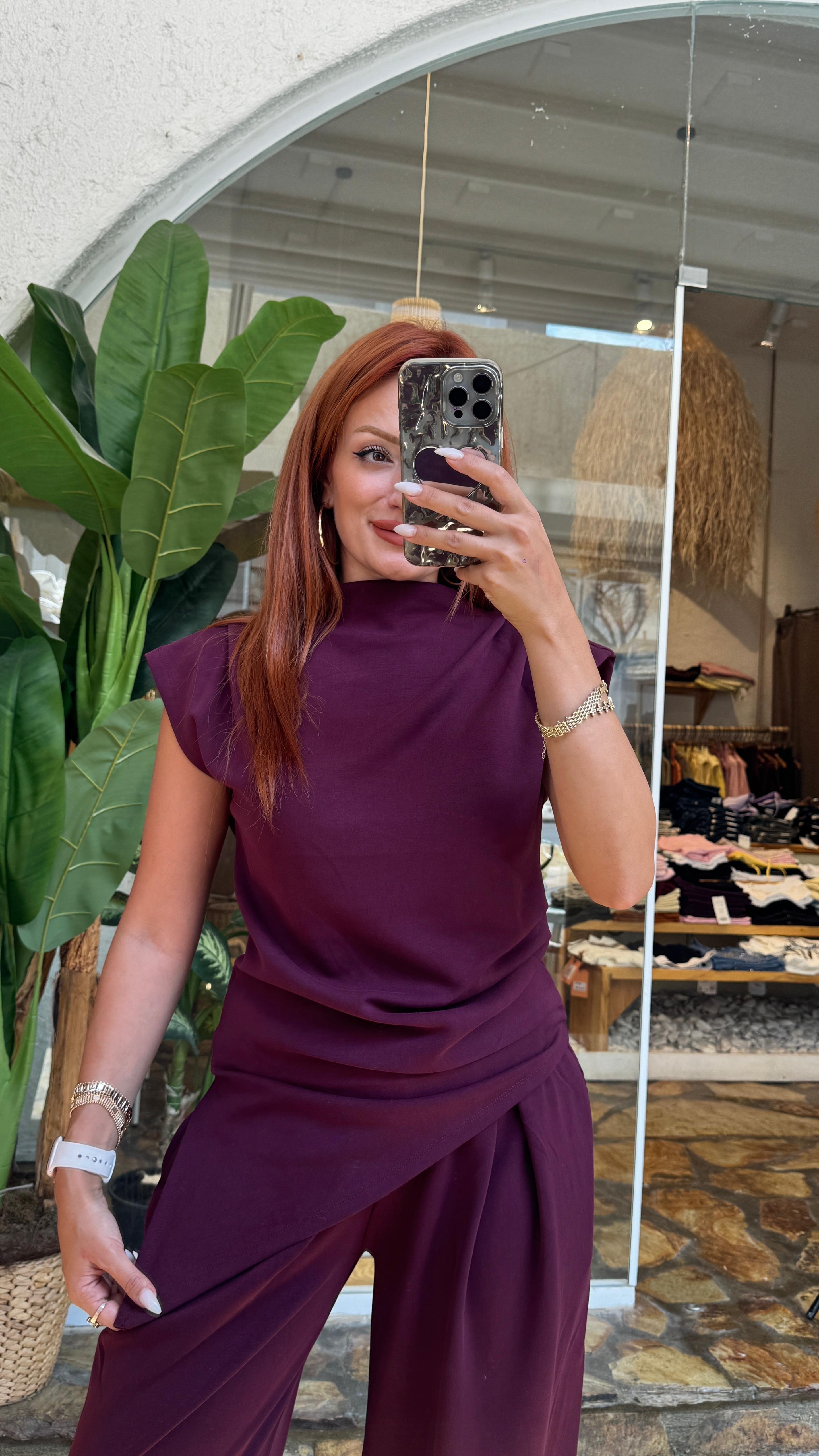 Modal Kumaş Bluz Pantolon Takım  - Bordo