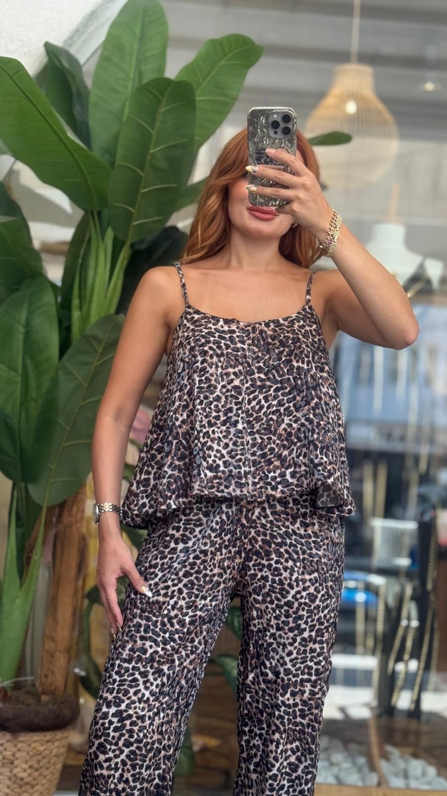 Tensel kumaş askılı leopar takım 