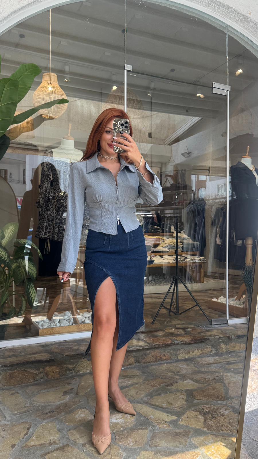 Denim yırtmaçlı etek
