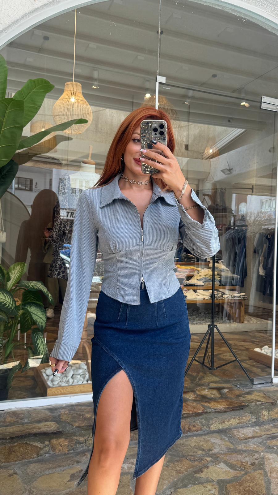 Önü Fermuarlı Uzun Kollu Gömlek - Mavi