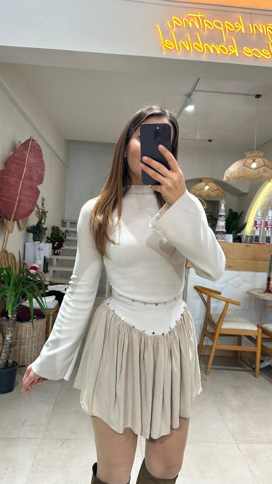 Zımba Detay Elbise - krem