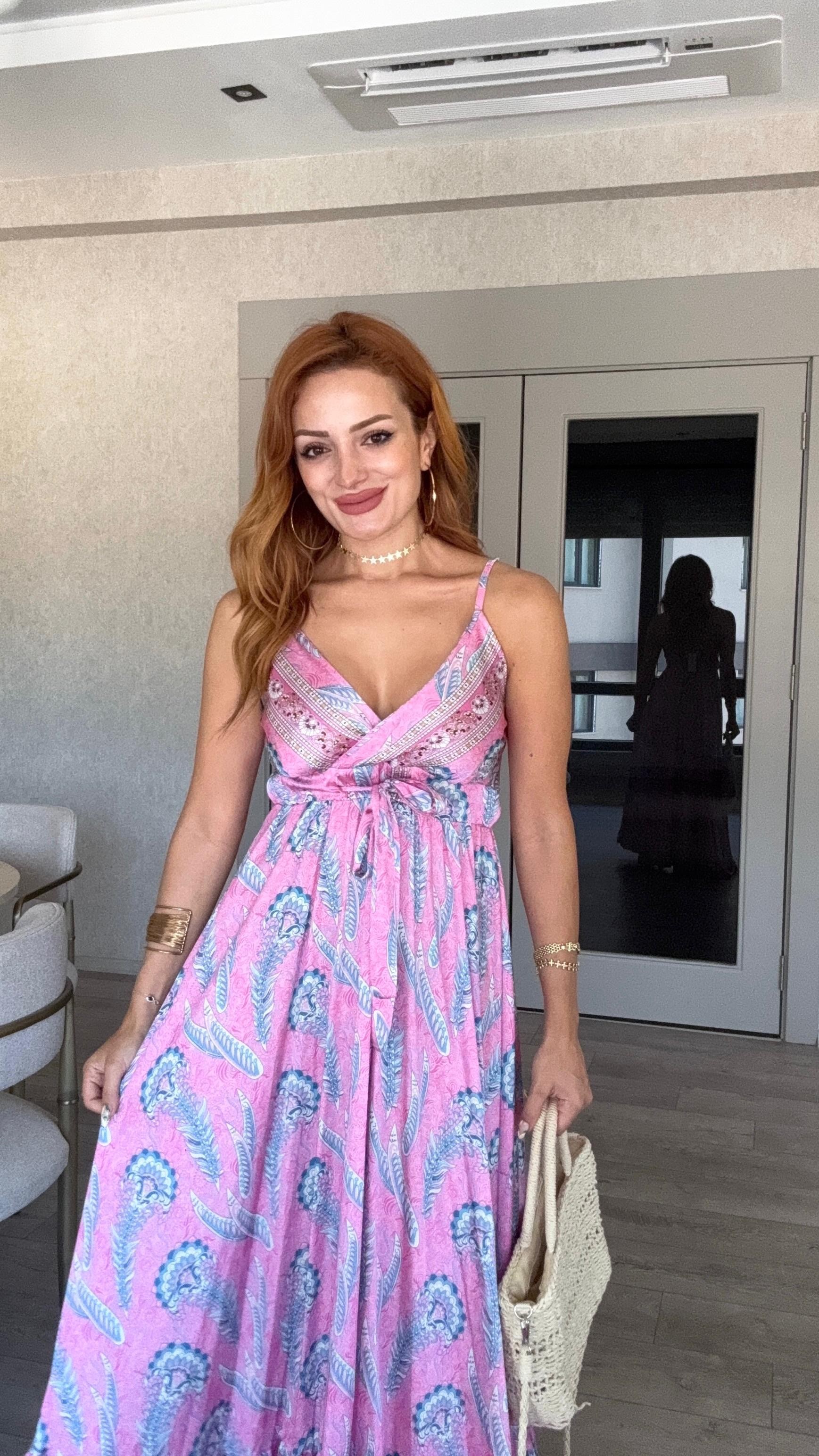 Uzun saten elbise  - pembe
