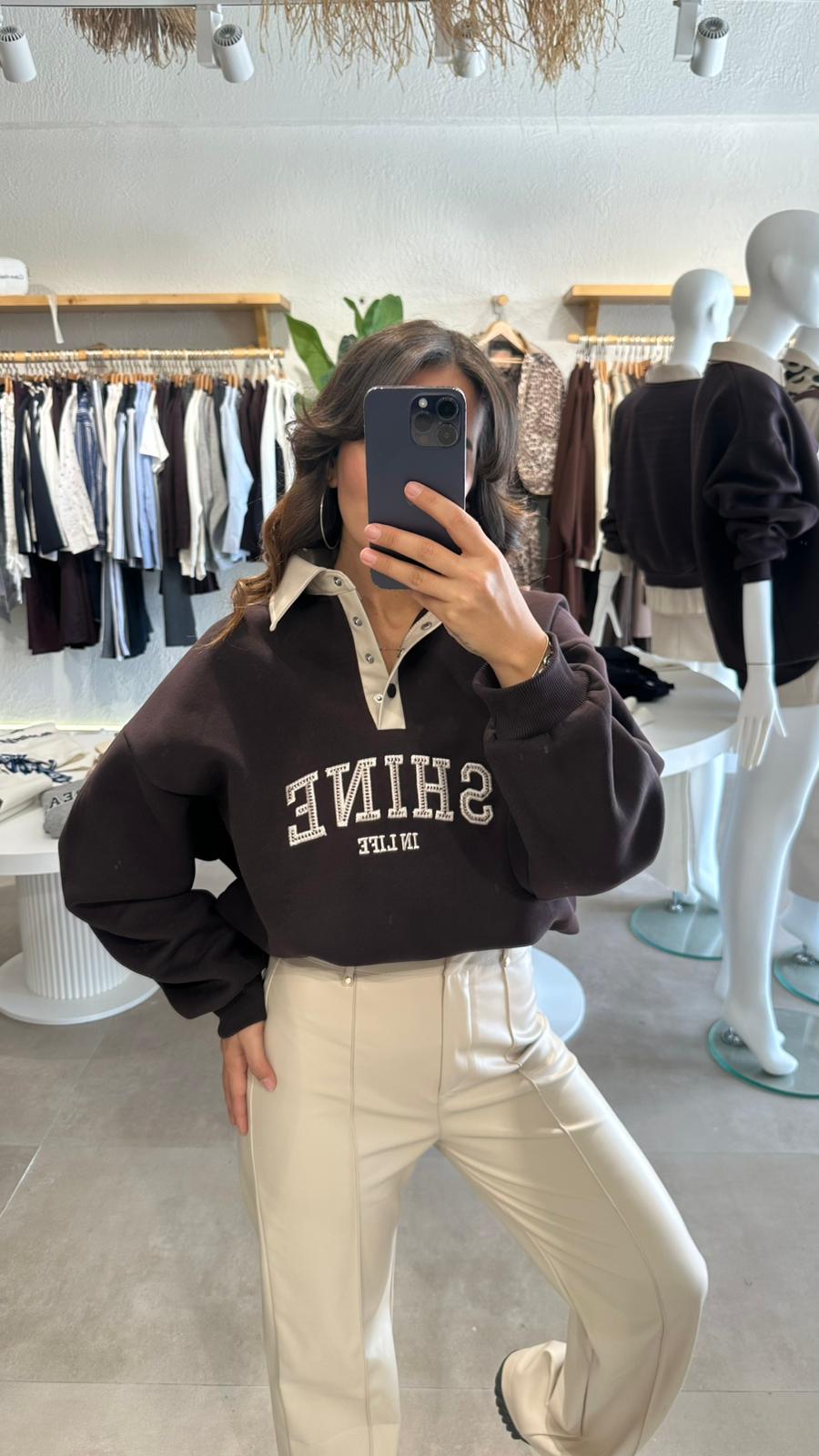 Yakası Deri Detay Oversize Sweat