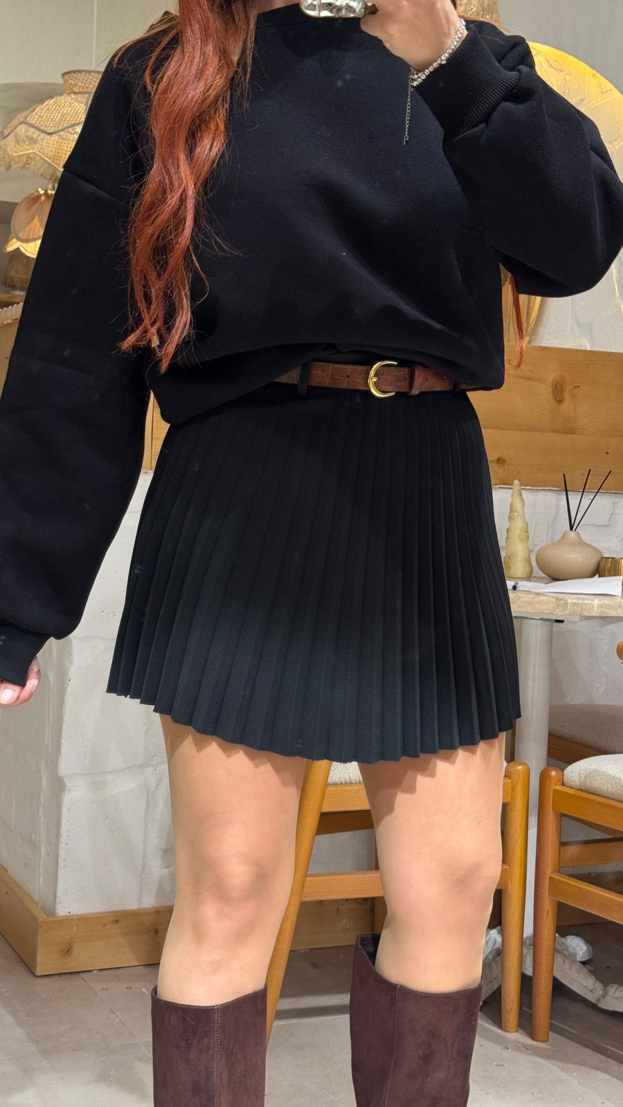 Kemerli Pileli Etek - siyah