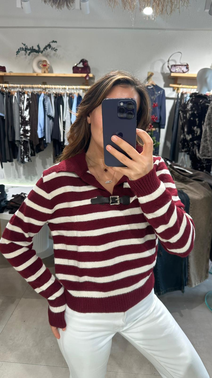 Çizgili Kemerli Triko - BORDO