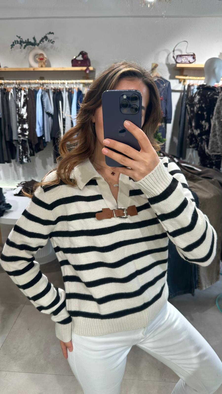 Çizgili Kemerli Triko - siyah