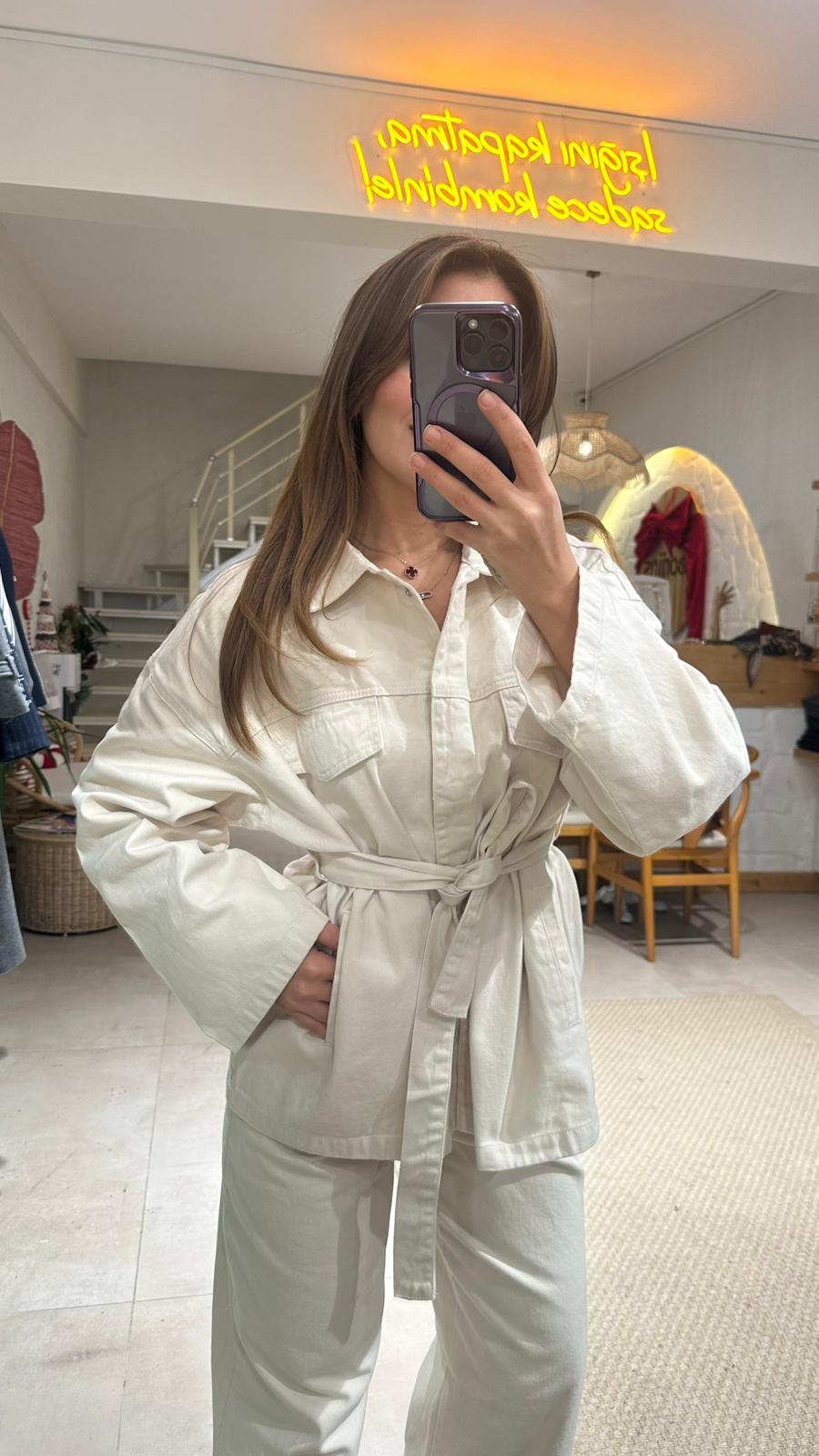 Kuşaklı Denim Takım - EKRU