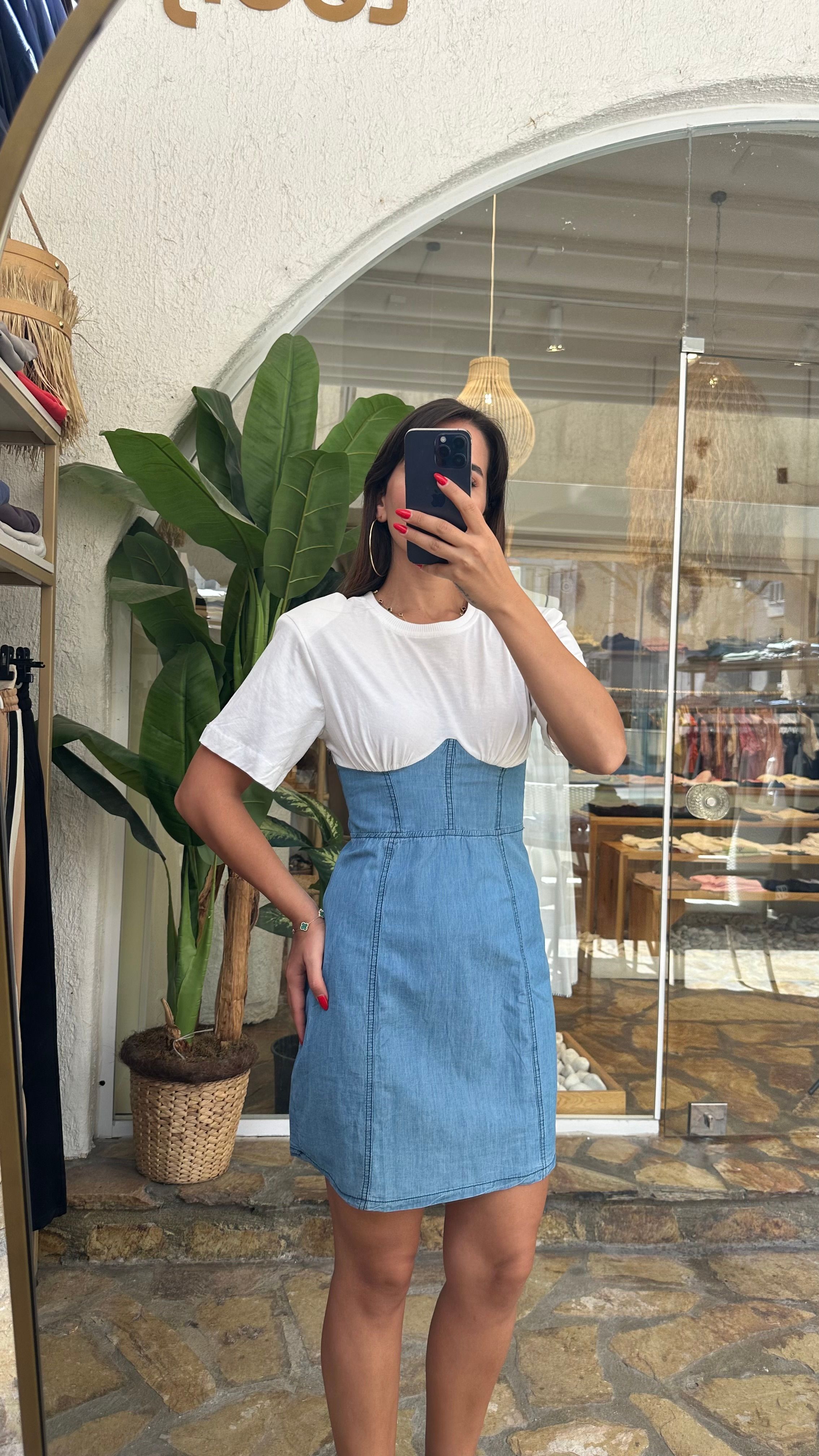 2 parça denim detay elbise 
