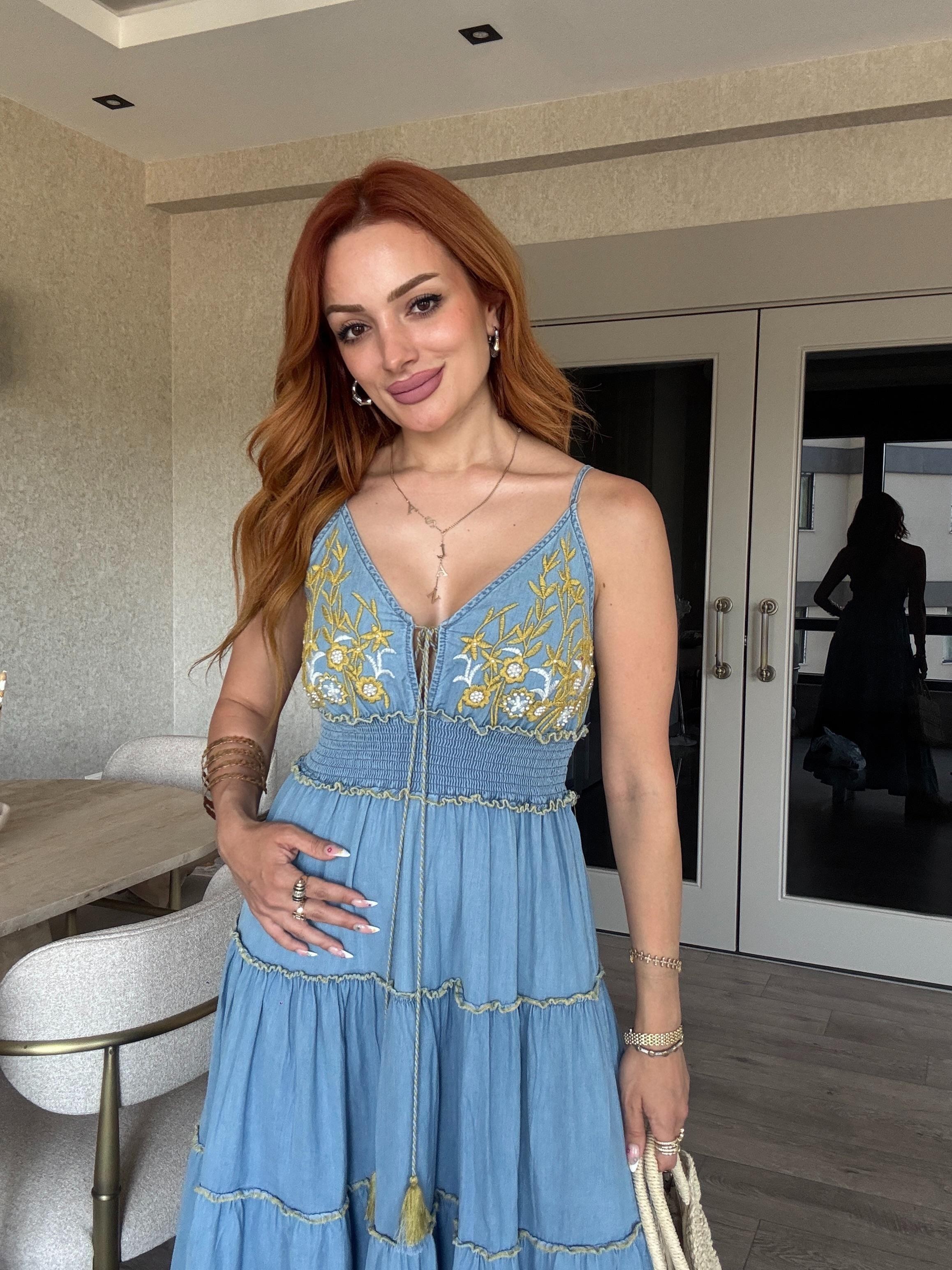 Sarı Papatyalı Denim Elbise