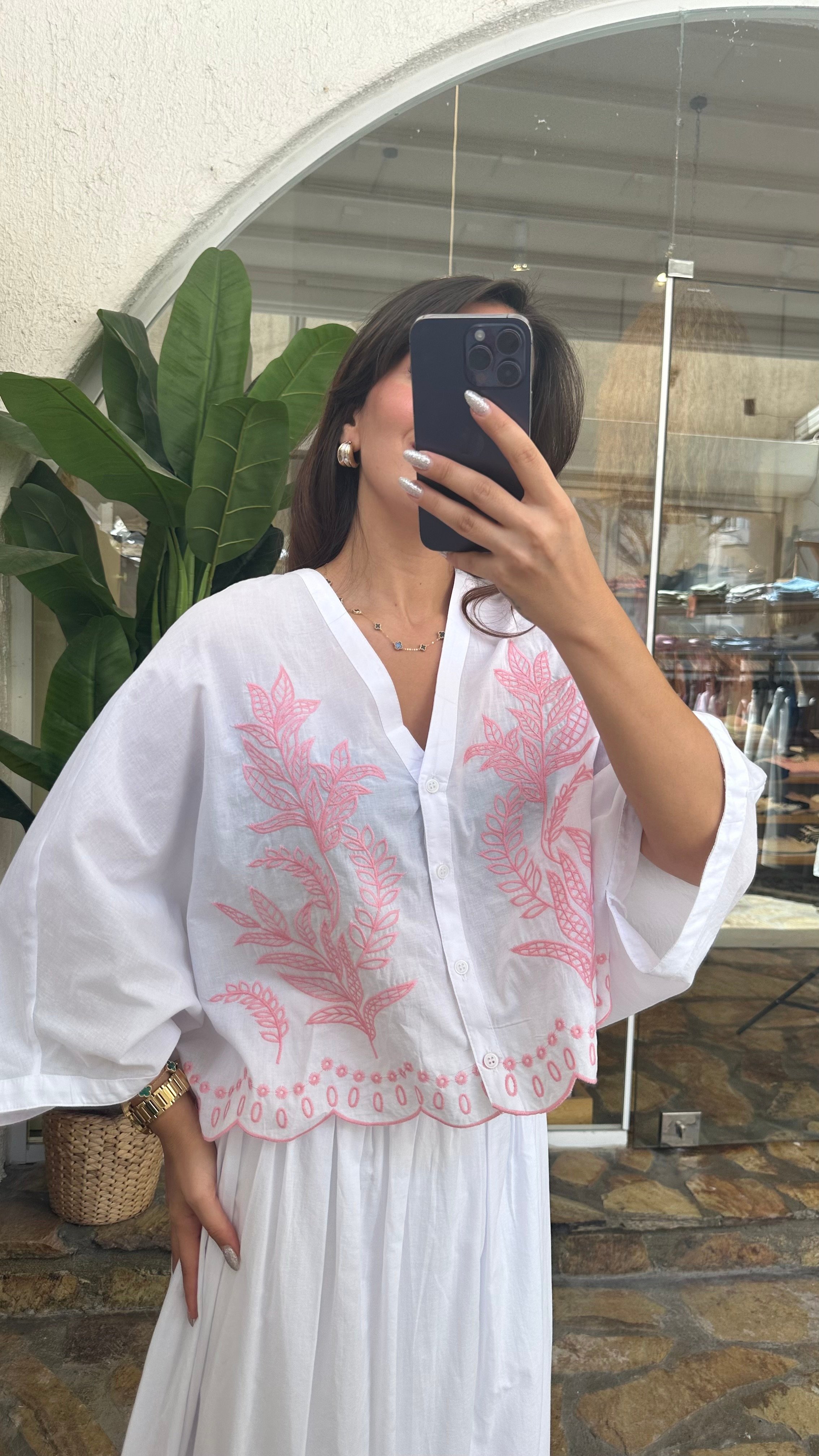 Bakış işlemeli kimono etek takım  - Pembe