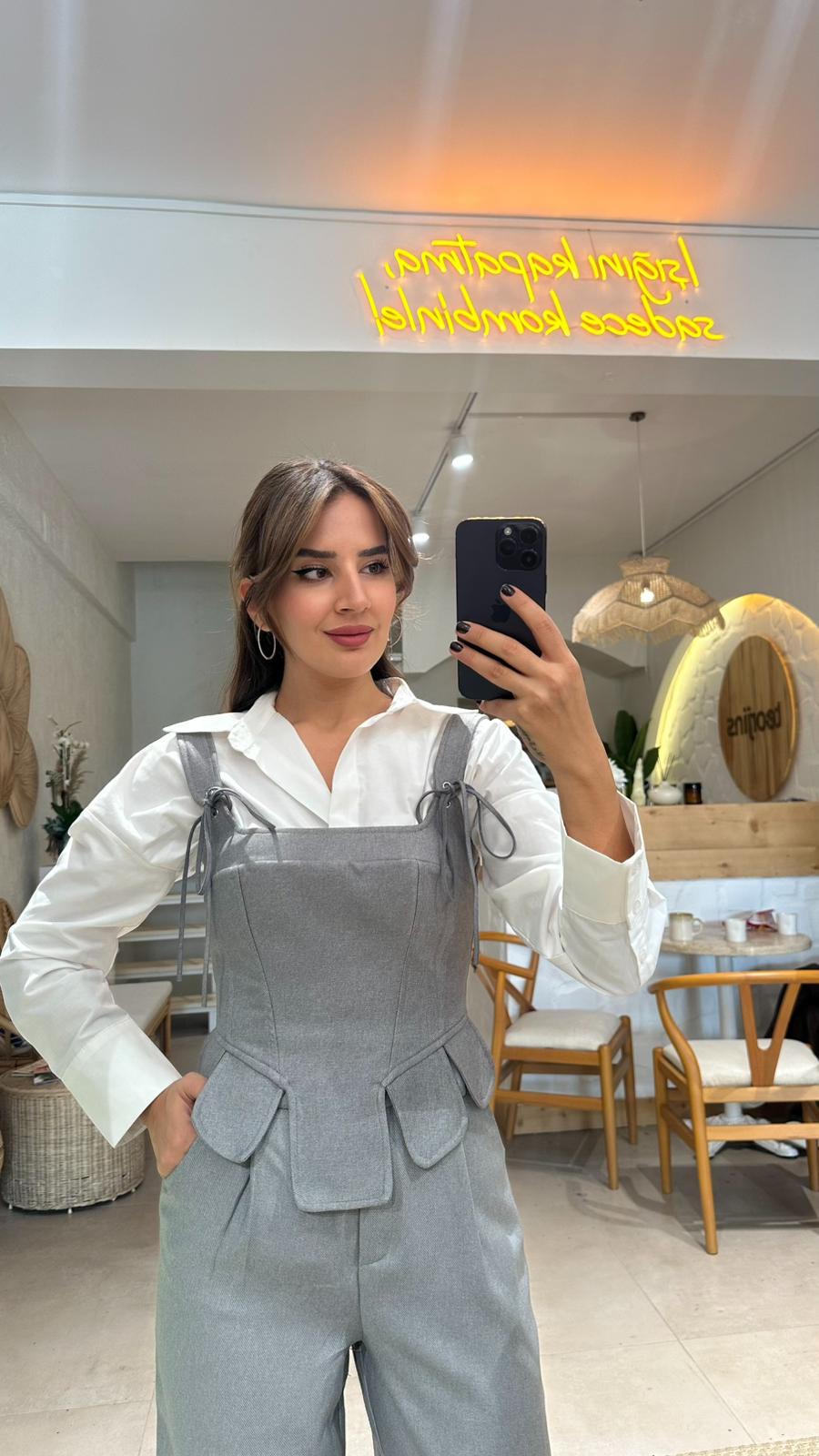 Askılı Bağlamalı Korse Bluz - Gri