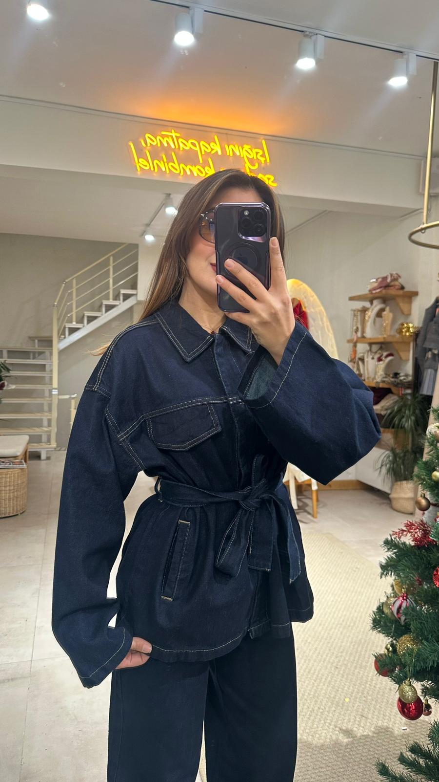 Kuşaklı Denim Takım - lacivert