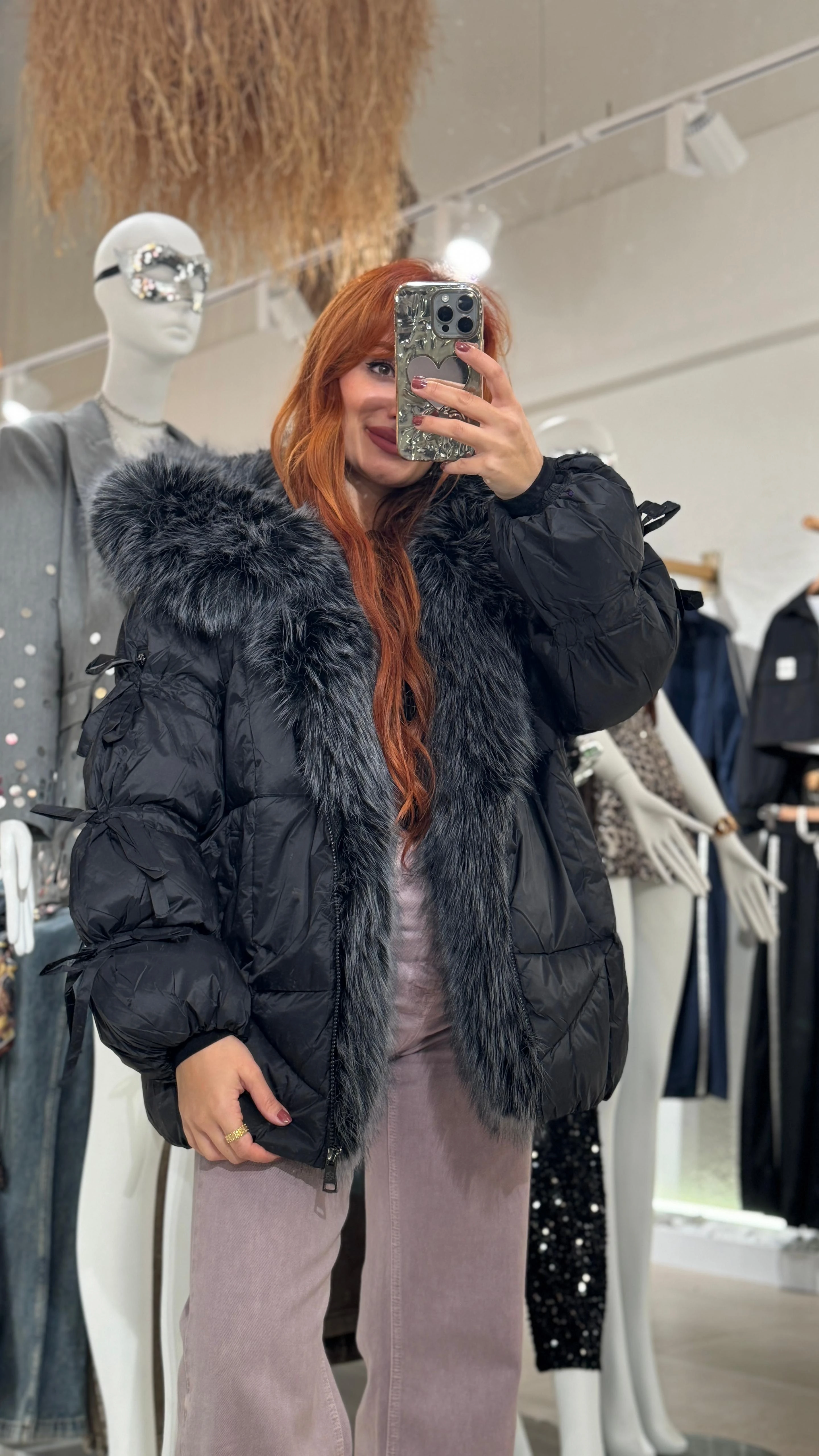 Kürk Detaylı Şişme Mont  - siyah