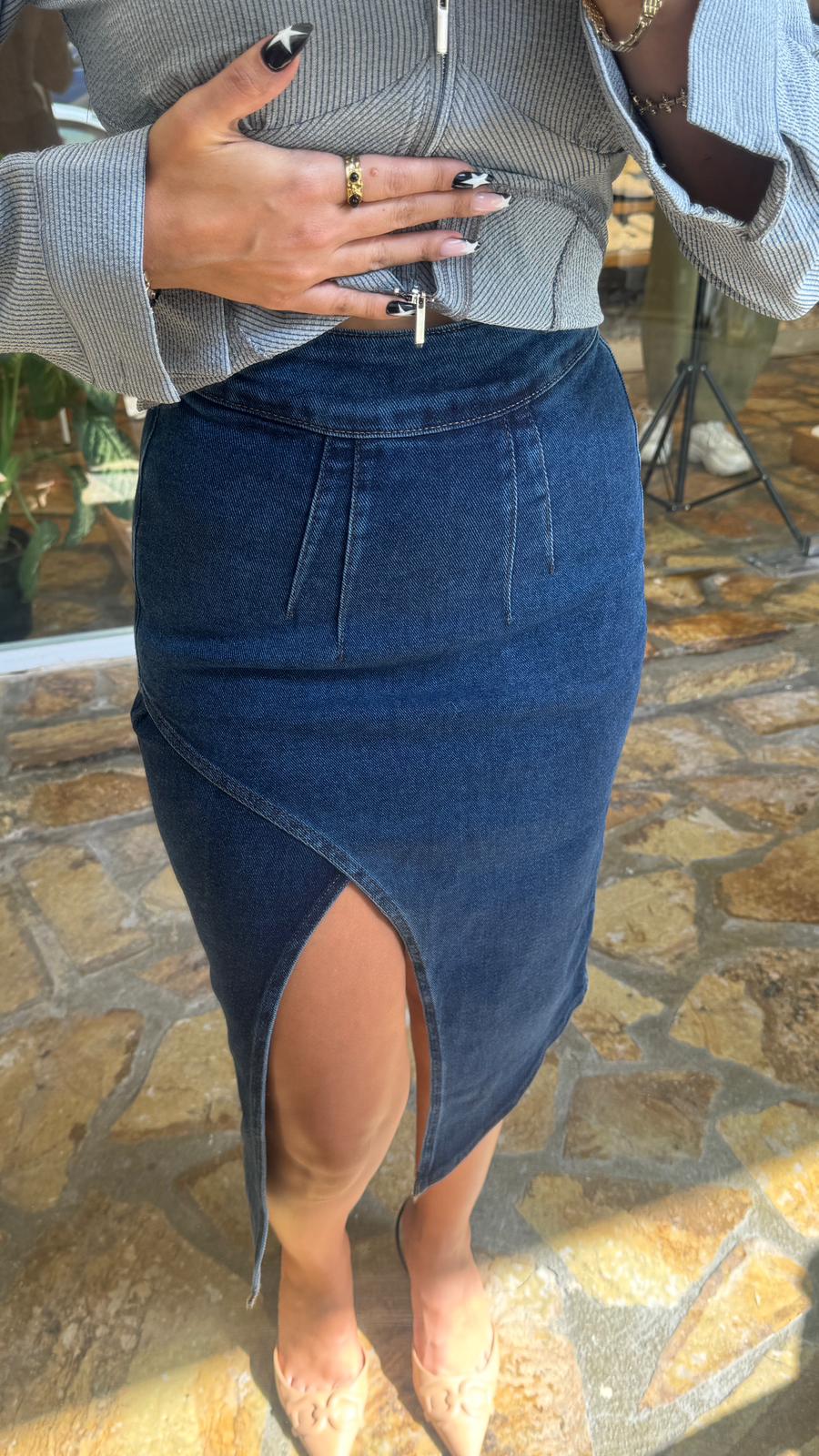 Denim yırtmaçlı etek