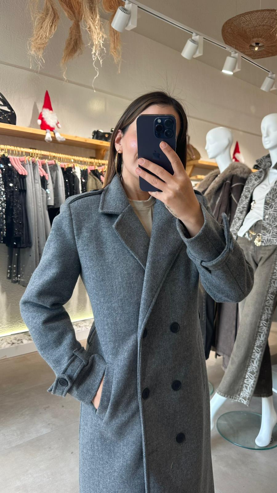 İçi Astarlı Uzun Kaşe Kaban - gri