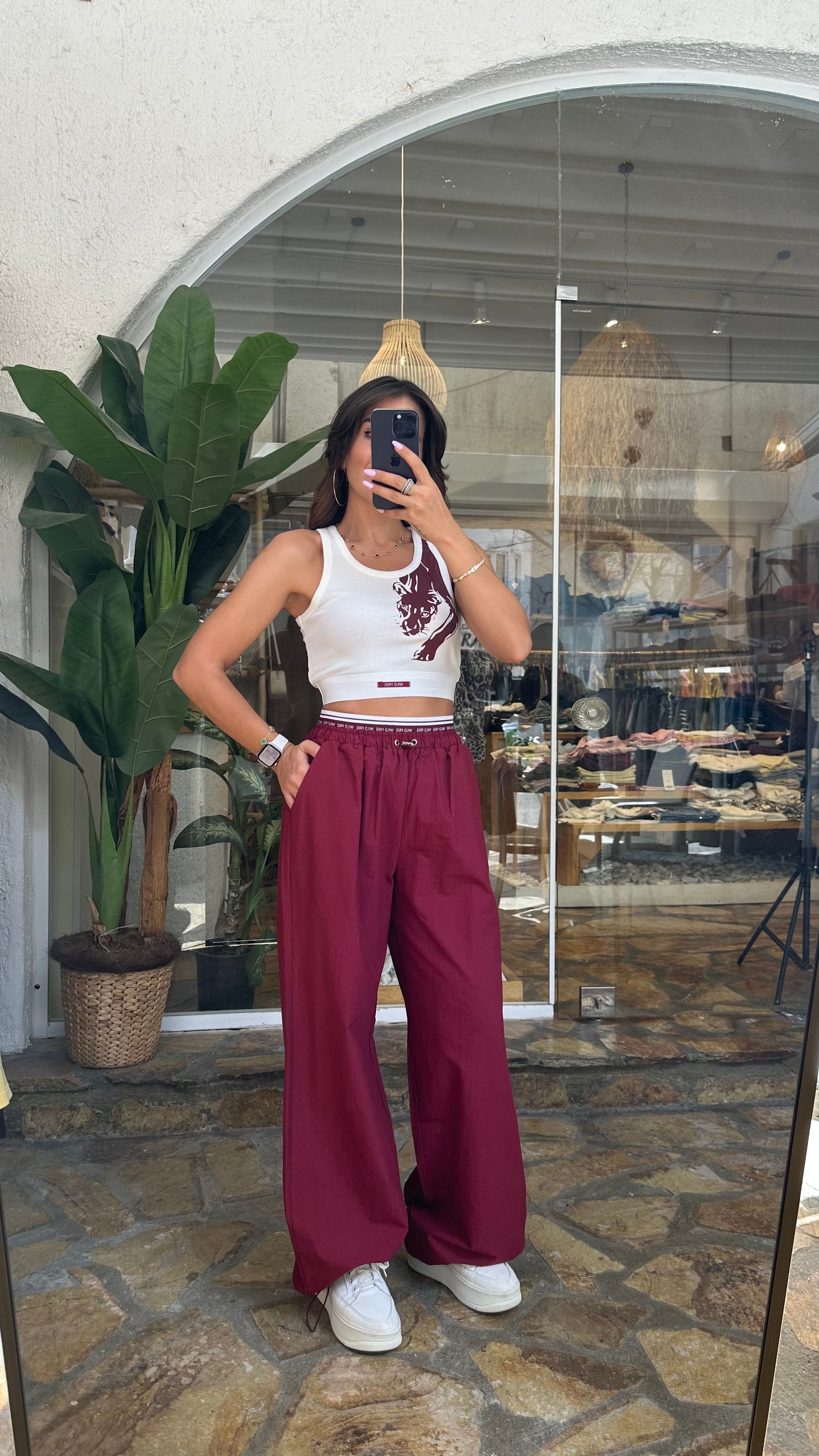 Beli lastik detay paraşüt pantolon - Bordo