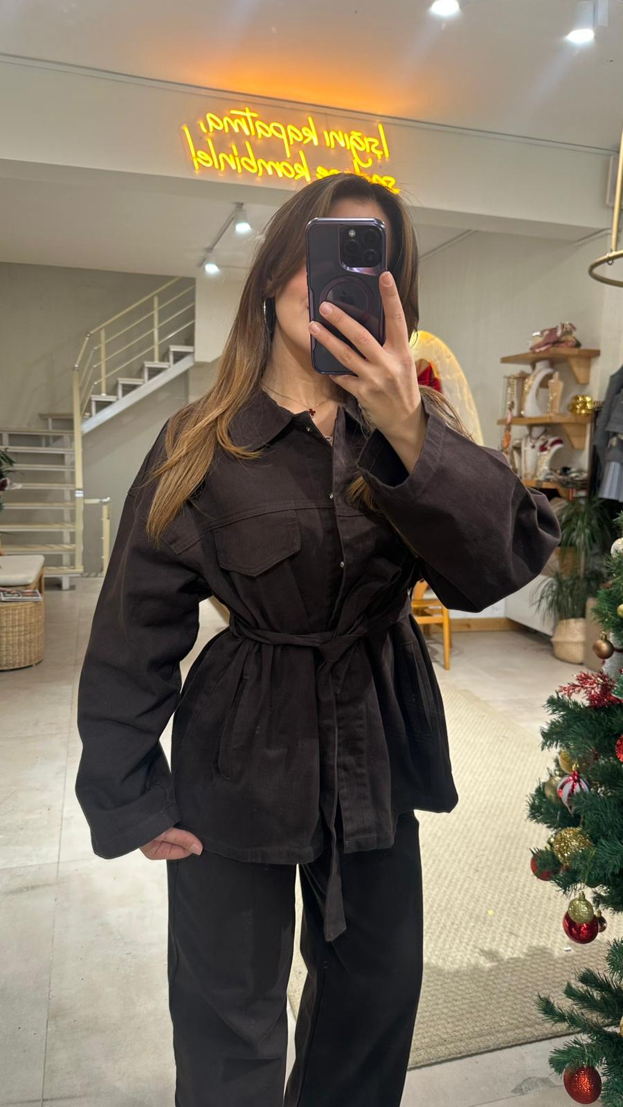 Kuşaklı Denim Takım - kahverengi