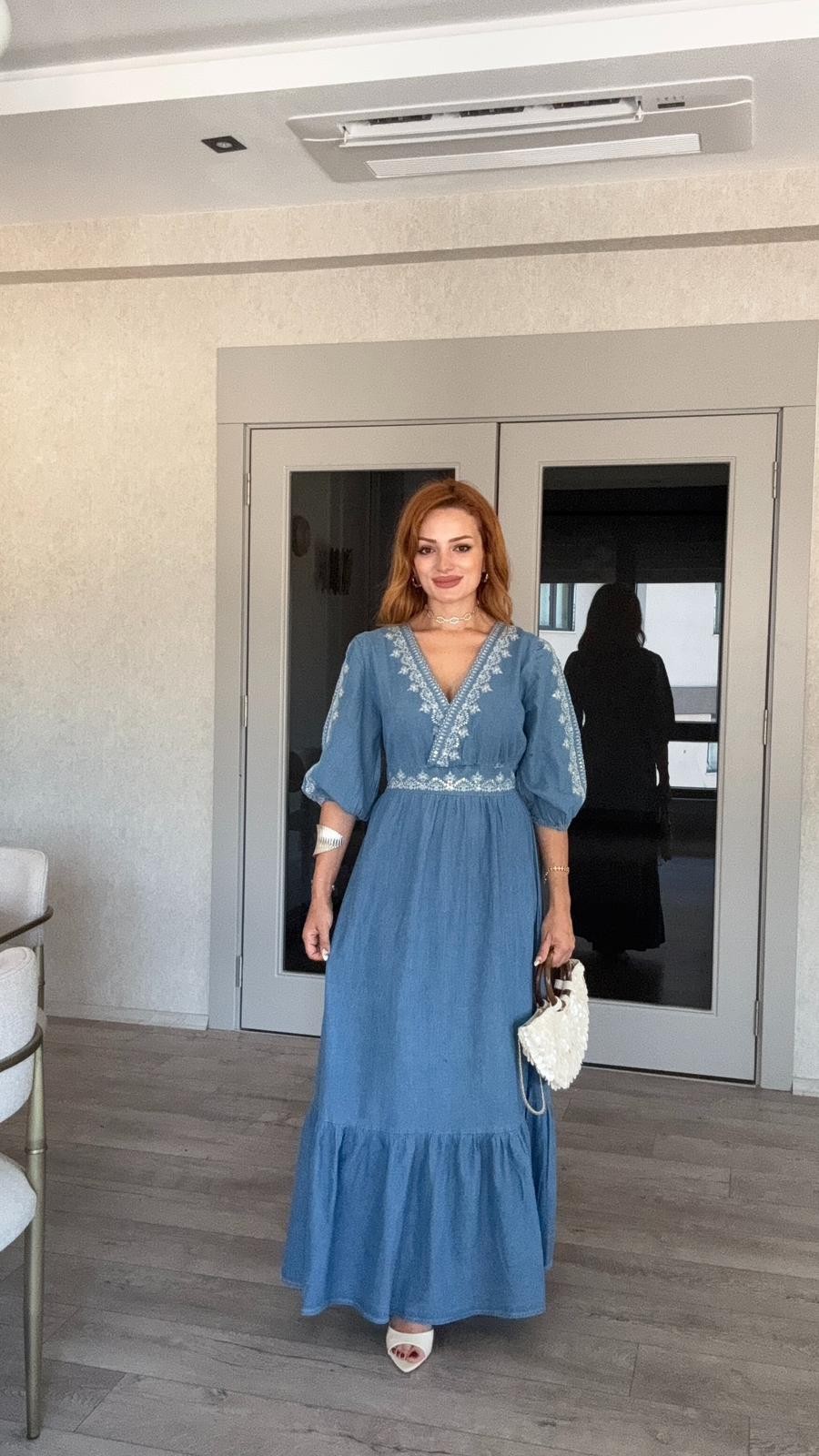 Denim Taşlı Kollu Elbise