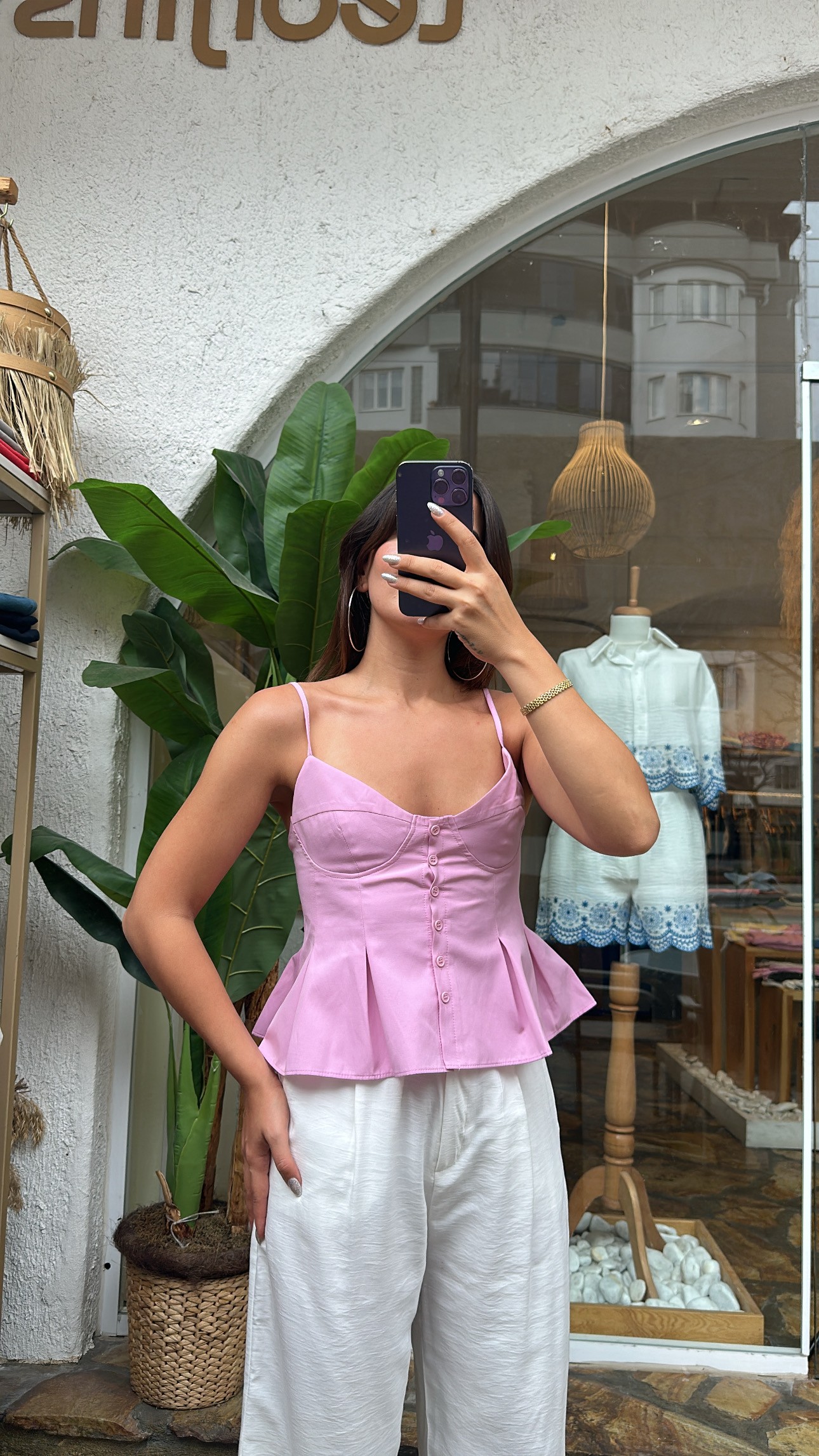 Pile Detaylı Düğmeli İnce Askılı Bluz - Pembe