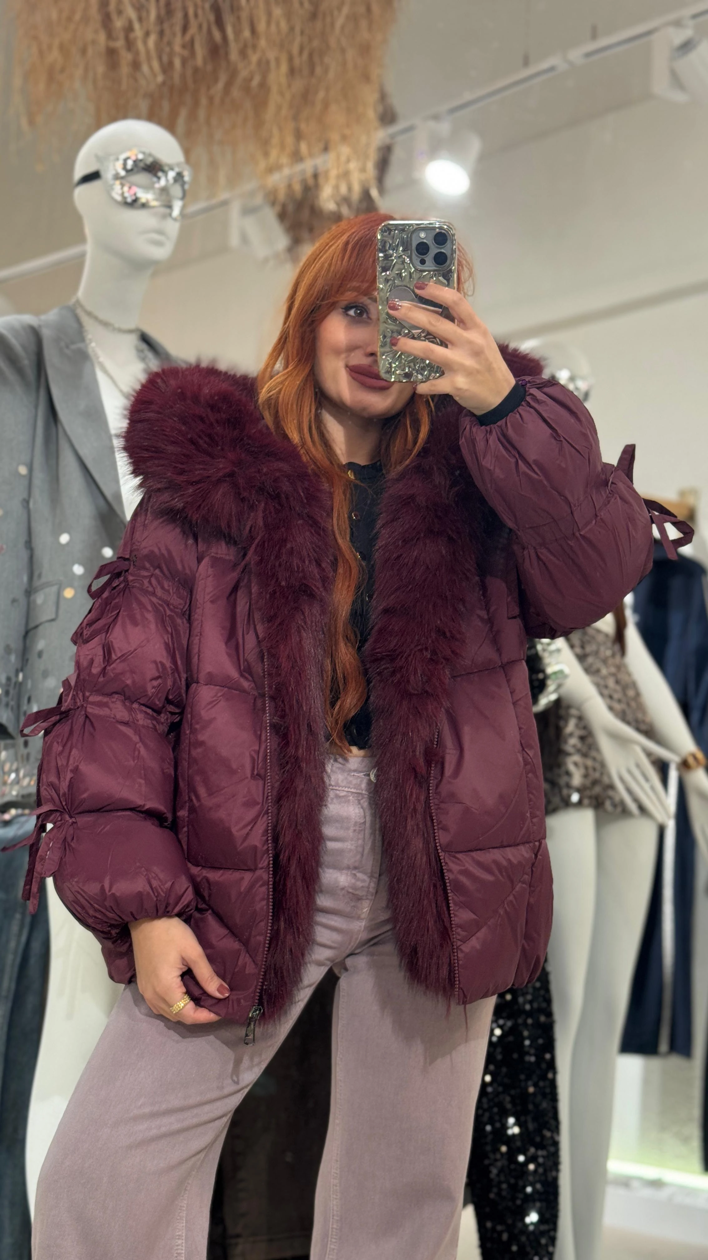 Kürk Detaylı Şişme Mont  - BORDO