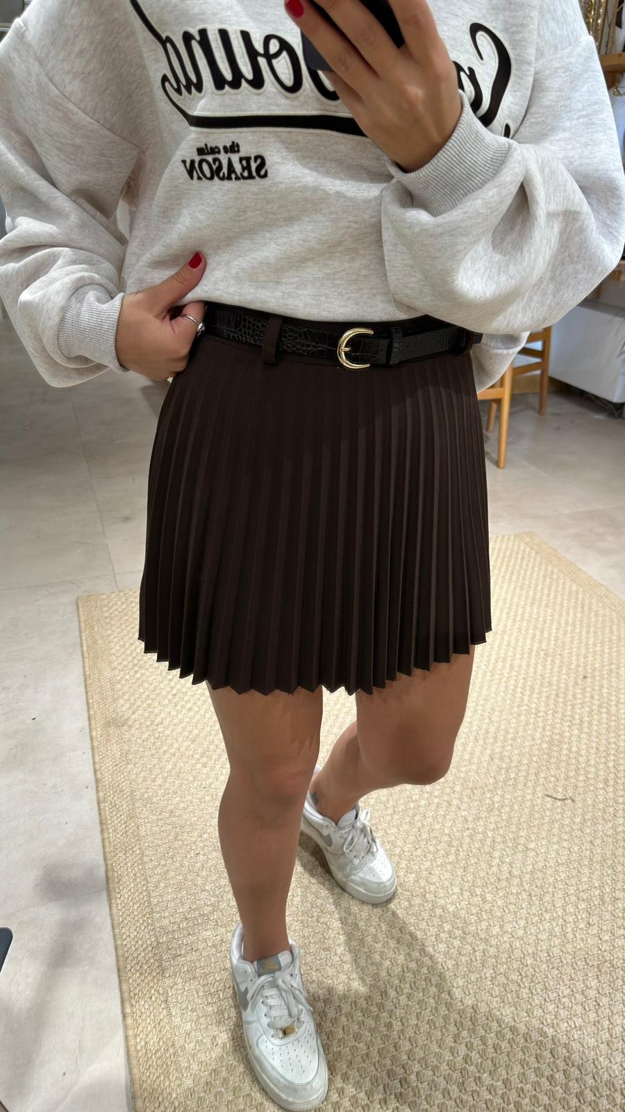 Kemerli Pileli Etek - kahverengi