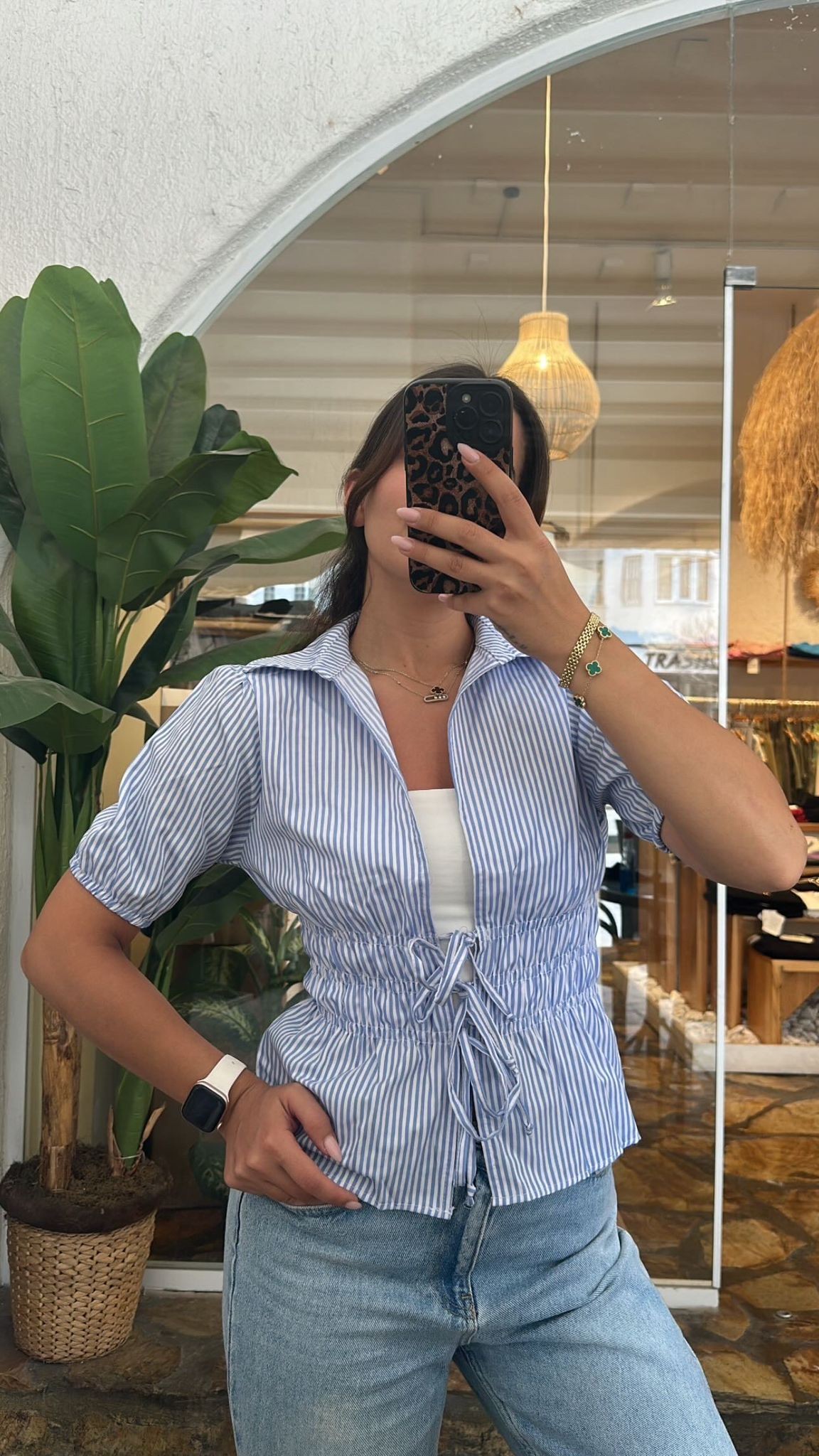 Önden Bağlamalı Çizgili Poplin Gömlek