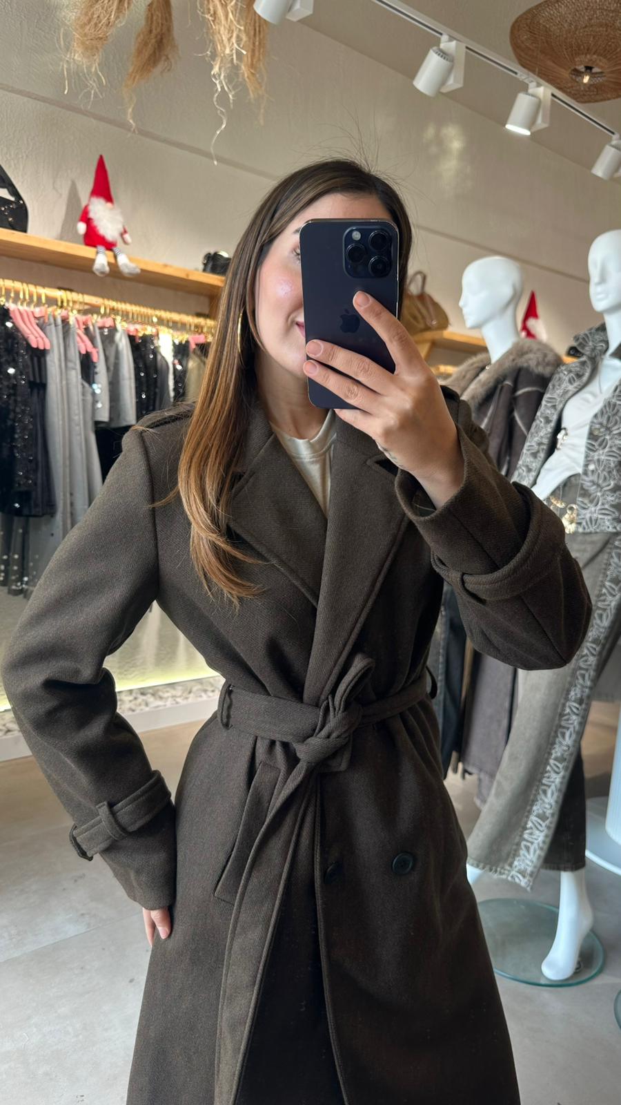 İçi Astarlı Uzun Kaşe Kaban - kahverengi