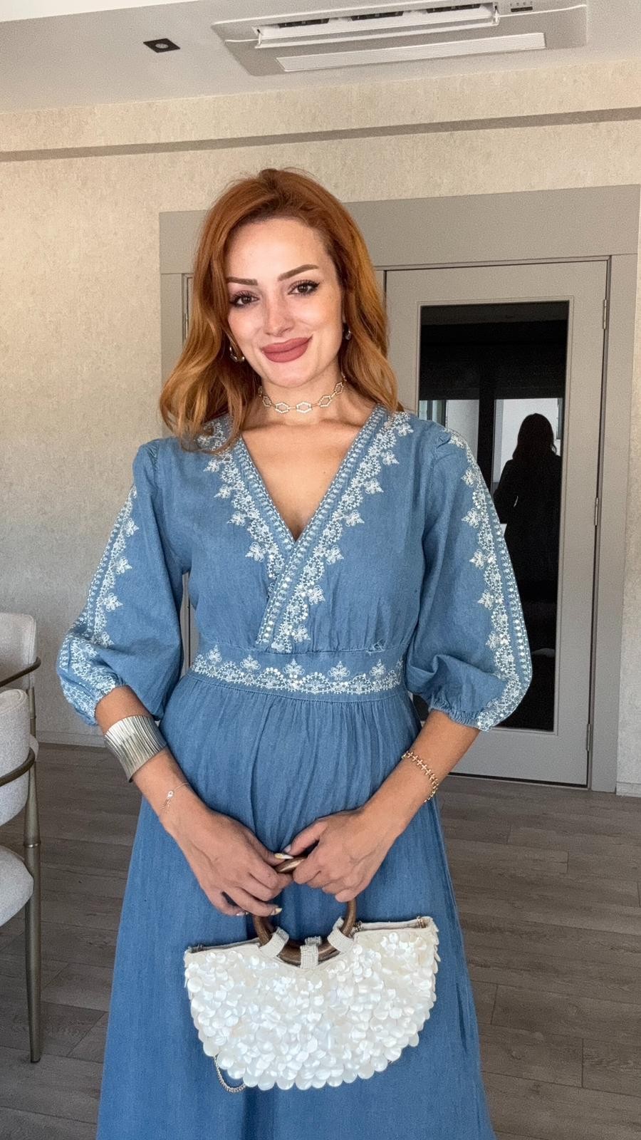 Denim Taşlı Kollu Elbise