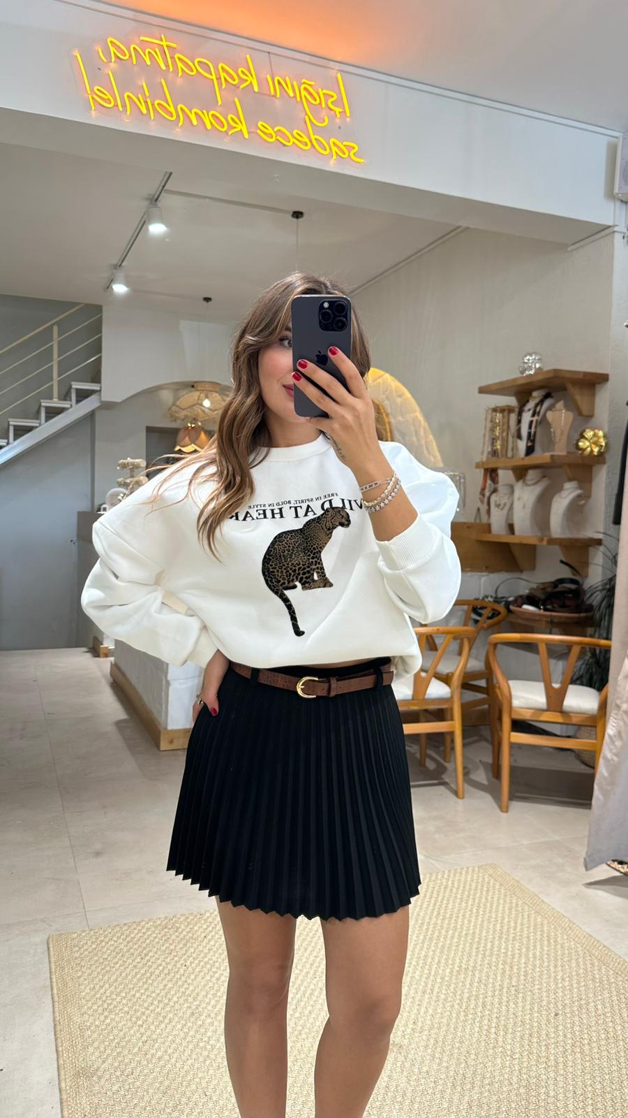 Leopar Sloganlı Sweat